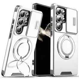 UUCOVER - For Samsung Galaxy S25 Ultra Magnetic Case with Slide Camera Lens Cover and Rotatable Ring Stand, Drop Protection Shell - Silver