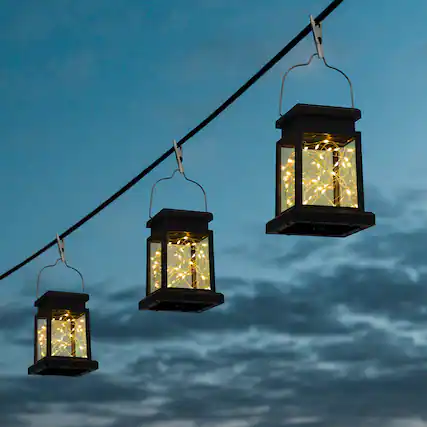 Front. Oumilen - 4 Pack Solar Vintage Hanging Lantern Lights with Clip – IP65 Warm White Fairy String Solar Lamp for Tree.