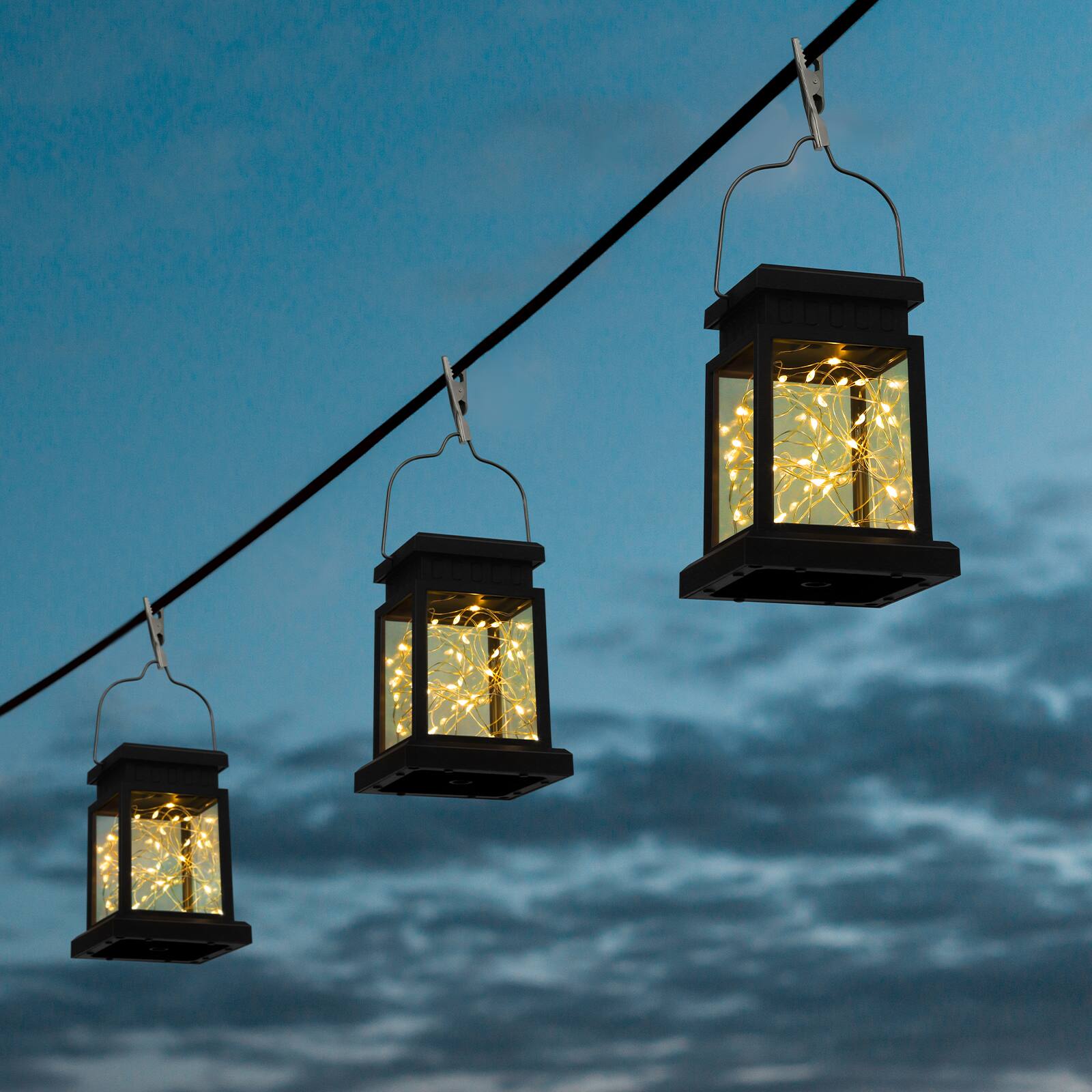 Front. Oumilen - 4 Pack Solar Vintage Hanging Lantern Lights with Clip – IP65 Warm White Fairy String Solar Lamp for Tree.