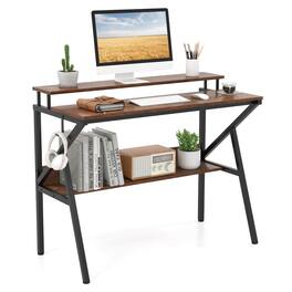 Costway - Home Office Desk with Monitor Stand, Open Shelf & Metal Frame, Earphone Hook - Brown