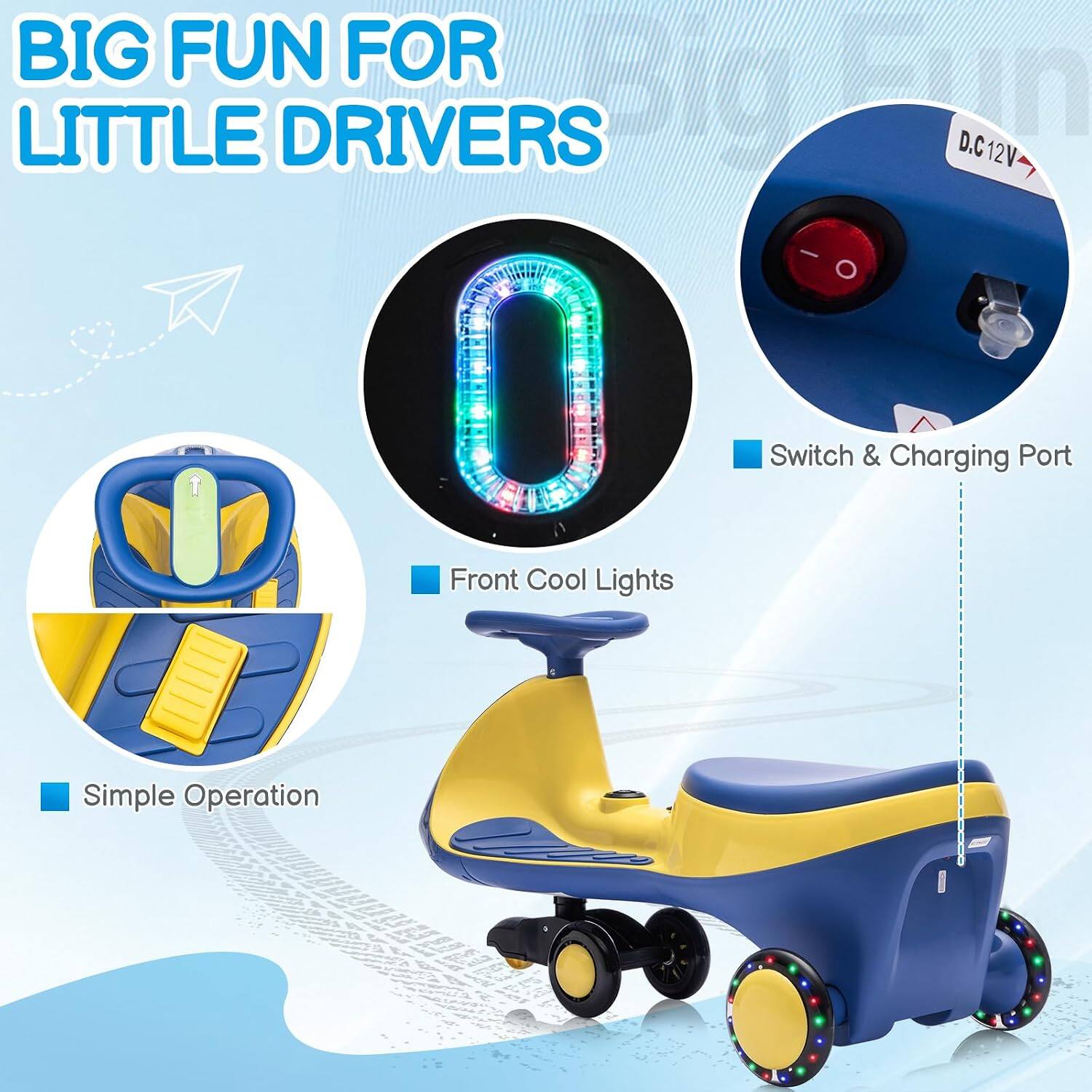BIG FUN FOR LITTLE DRIVERS

- D.C12V
- Switch & Charging Port
- Front Cool Lights
- Simple Operation