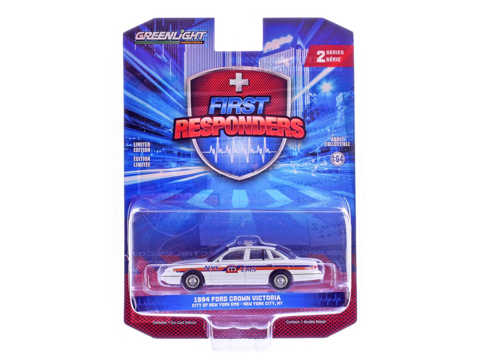 GREENLIGHT collectibles  
FIRST RESPONDERS  
SERIES 2  
LIMITED EDITION  
ADULT COLLECTIBLE  
1:64  

1994 FORD CROWN VICTORIA  
CITY OF NEW YORK EMS - NEW YORK CITY, NY  

Contains: 1 Die-Cast Vehicle  
Contient: 1 Modèle Réduit