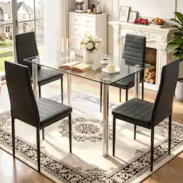 paproos - Dining Table Set for 4, Modern Kitchen Table Sets with Tempered Glass Dining Table and PU Leather Chairs for Small Space - Black