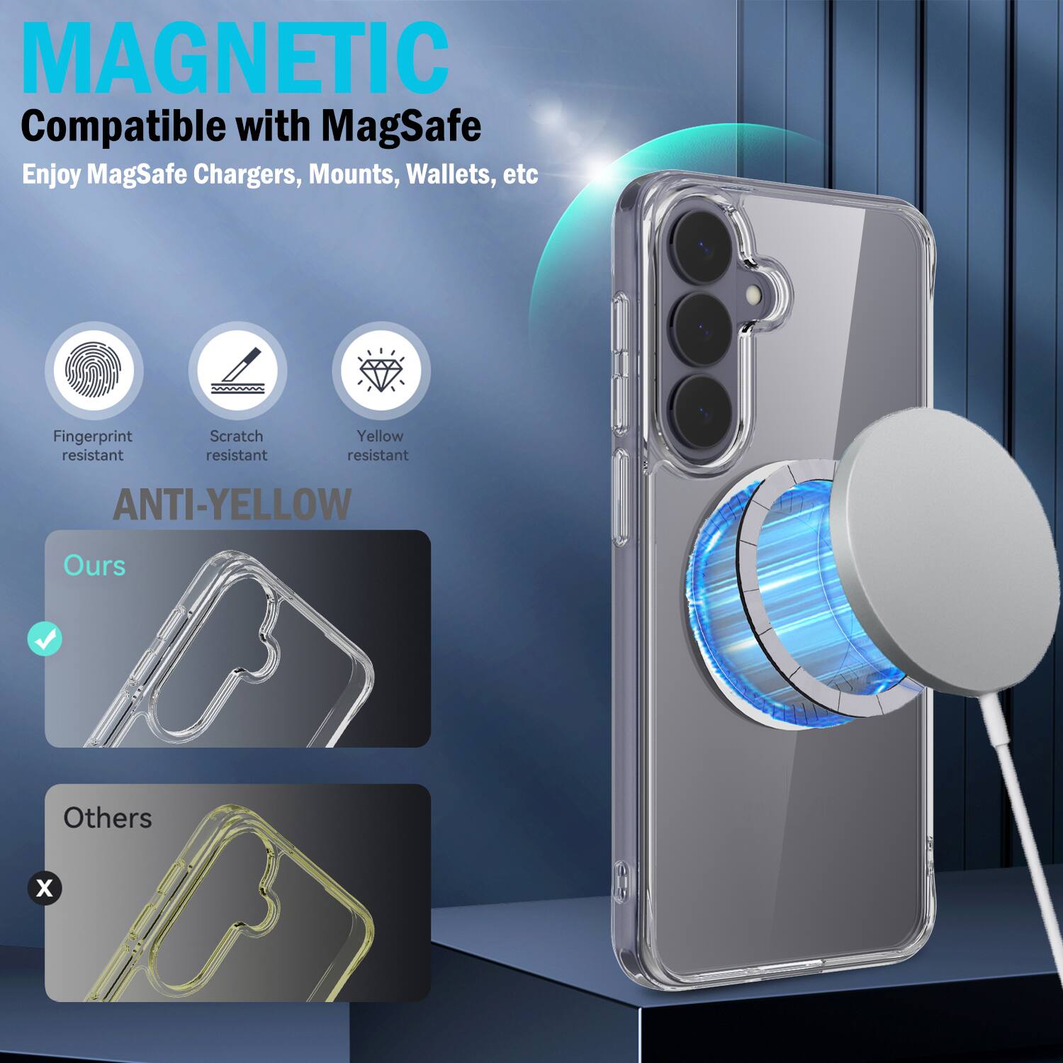 MAGNETIC  
Compatible with MagSafe  
Enjoy MagSafe Chargers, Mounts, Wallets, etc  

Fingerprint resistant  
Scratch resistant  
Yellow resistant  

ANTI-YELLOW  

Ours  
Others