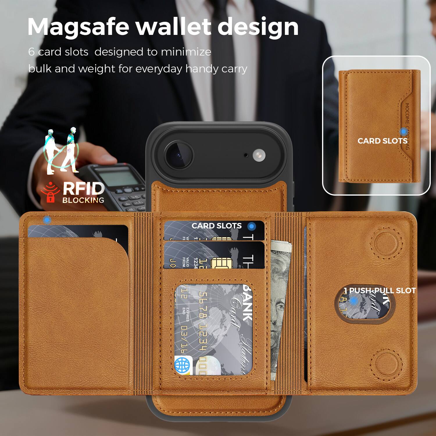 Magsafe wallet design

6 card slots designed to minimize bulk and weight for everyday handy carry

RFID BLOCKING

CARD SLOTS

1 PUSH&PULL SLOT