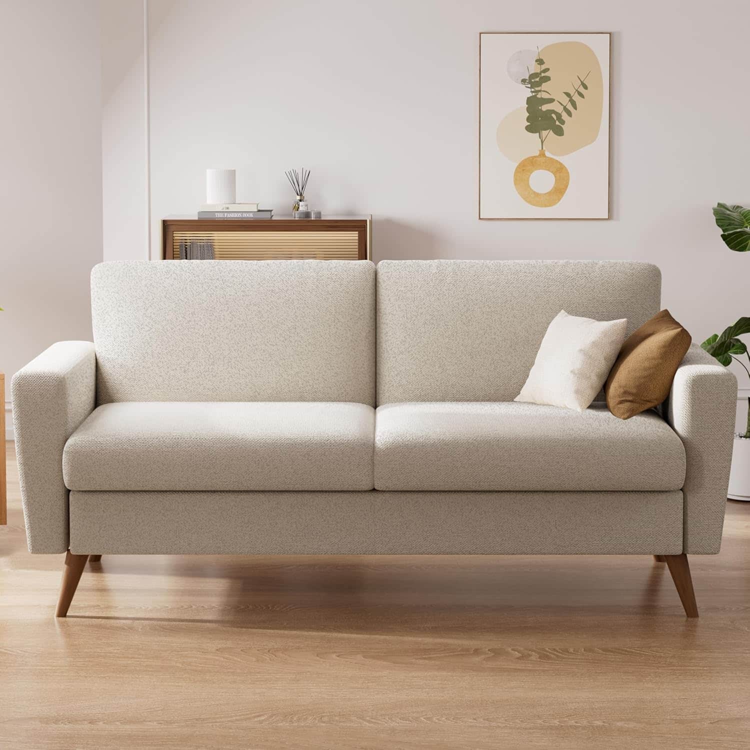 Vipbear - 68" Sofa Linen Couch Comfy Loveseat with Spring Cushion Solid Wood Oatmeal - Oatmeal