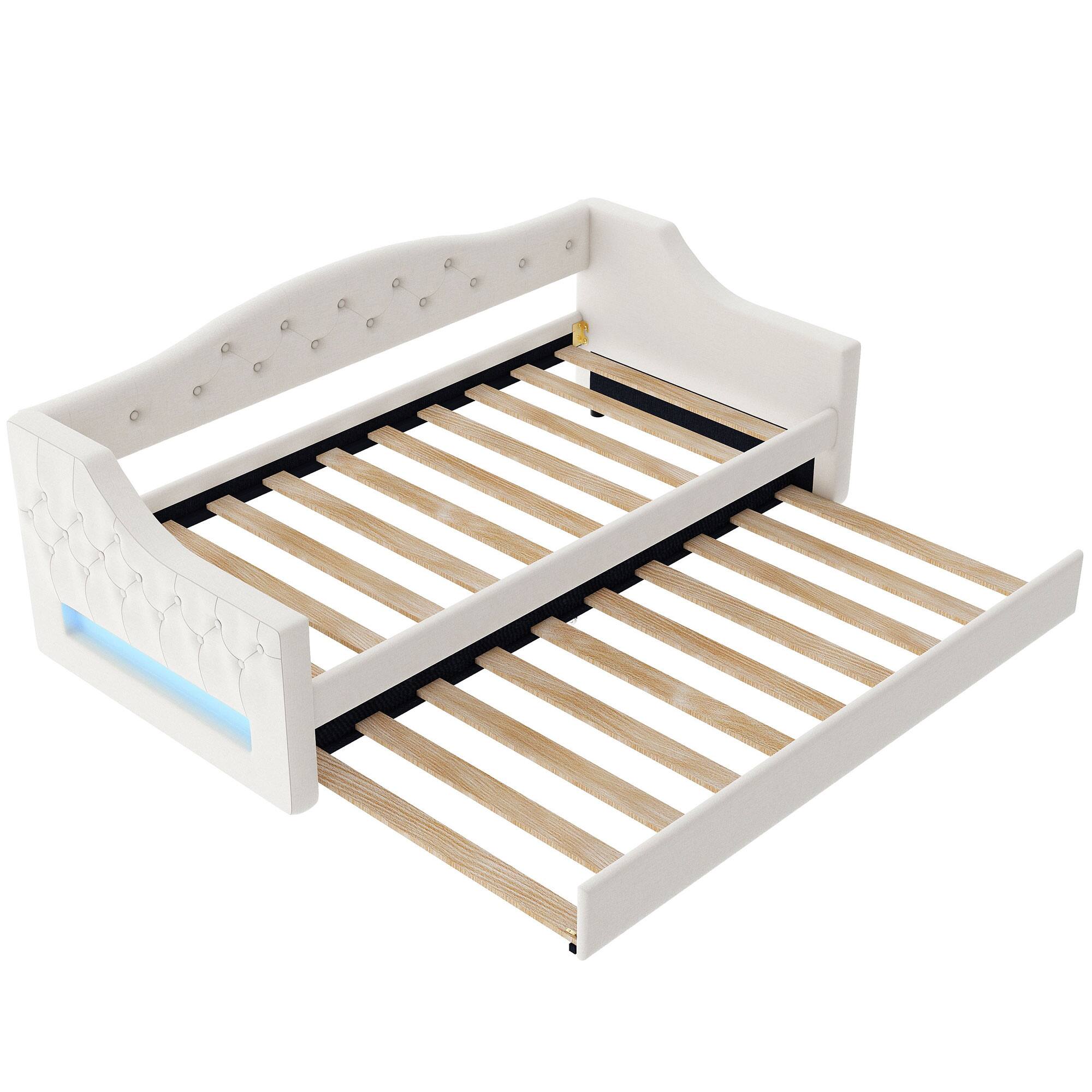 Alt View 1. Whisen - Twin XL Size Daybed with Trundle, Upholstered Bed Frame with LED Lights for Guest Bedroom & Living Room - Beige.