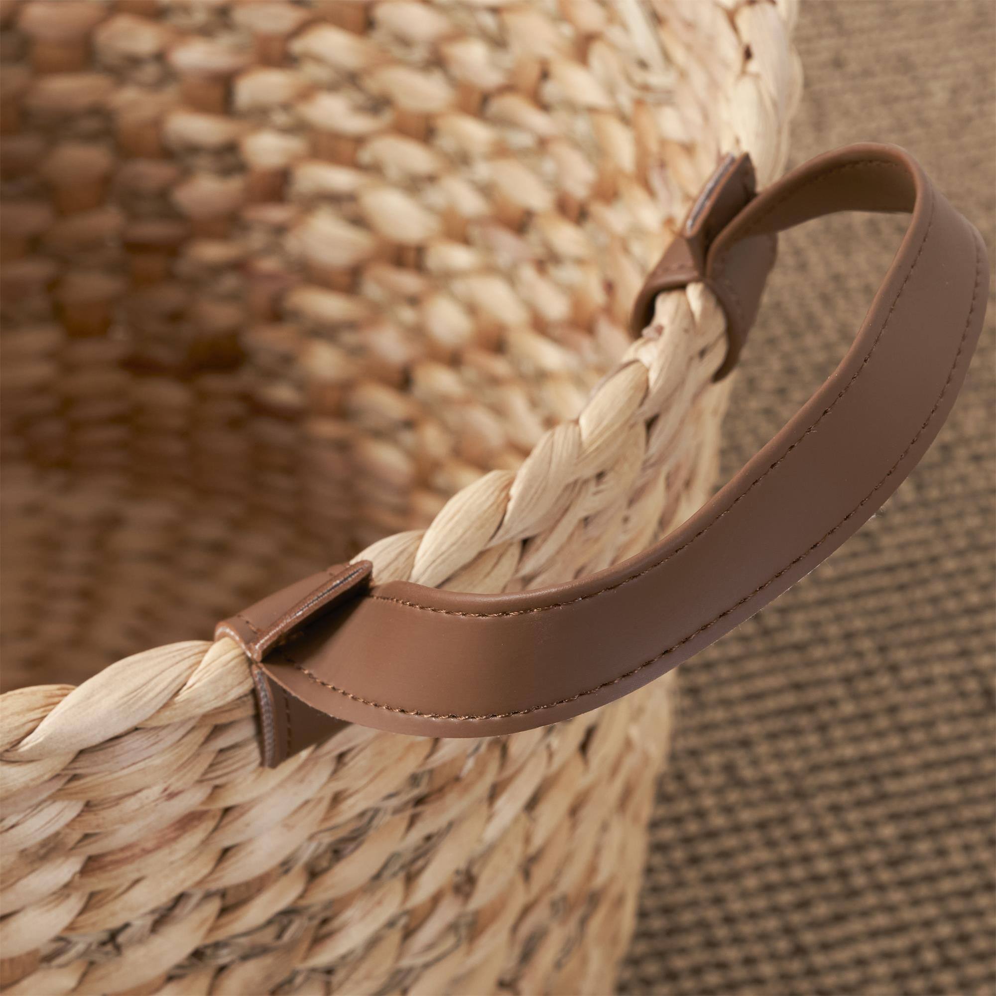 Alt View 4. Boyel Living - Brown Round Water Hyacinth Woven Multi-Use Storage Basket 15.7-in L x 15.7-in W x 15.7-in H with Faux Leather Handles - Brown.