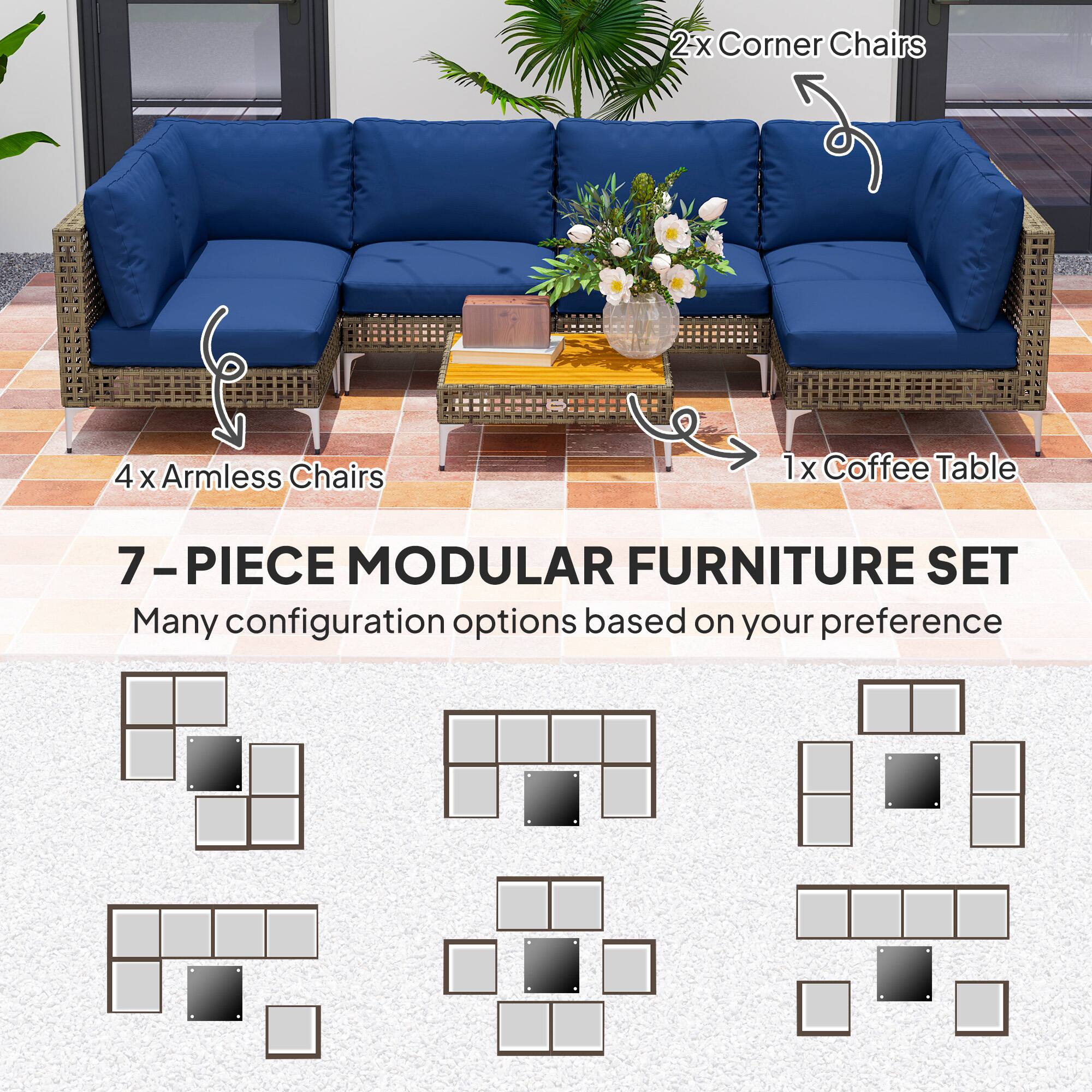 2-x Corner Chairs, 4 x Armless Chairs, 1x Coffee Table, 7-PIECE MODULAR FURNITURE SET, Many configuration options based on your preference