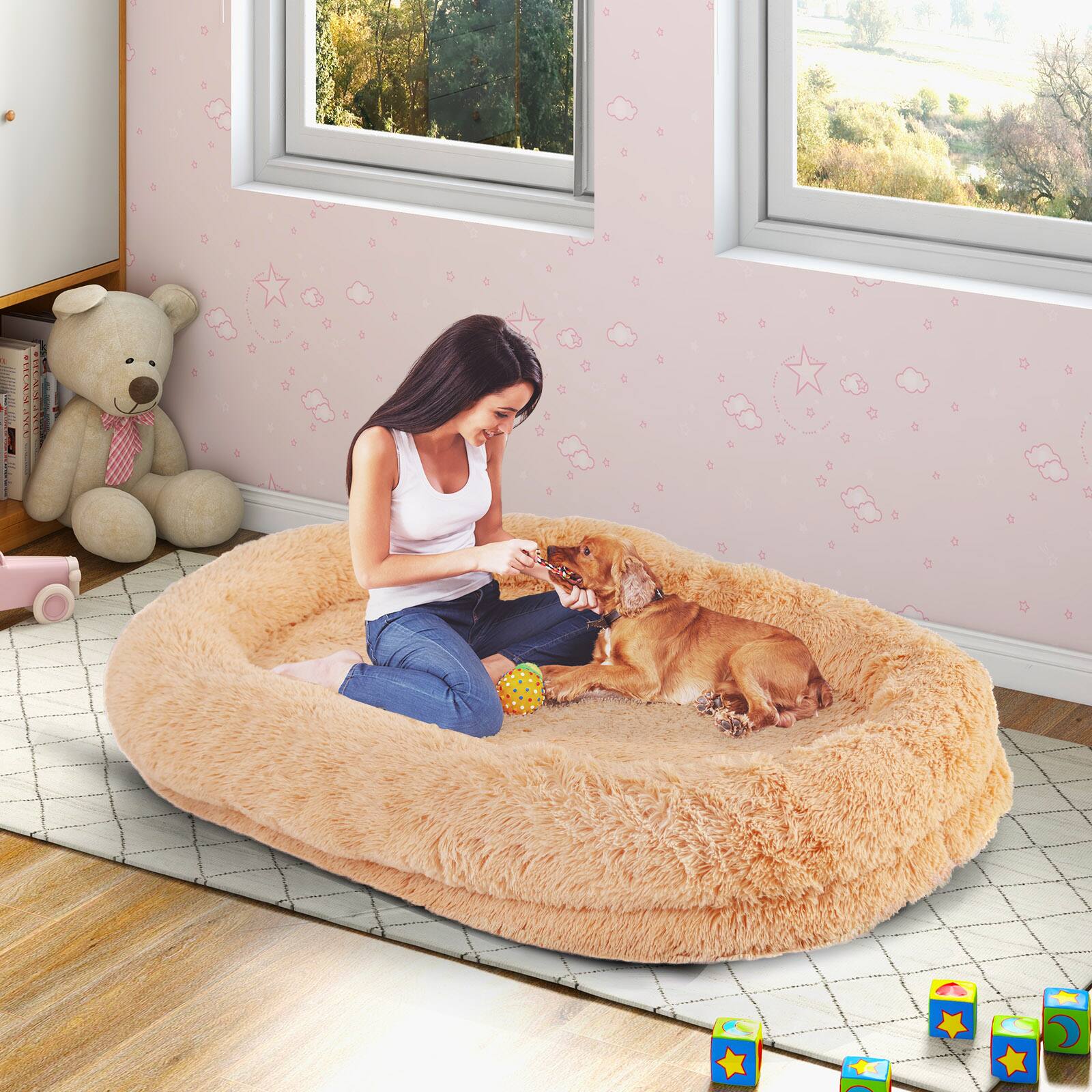 Alt View 9. Gymax - Gymax 68'' x 46'' x 10'' Human Dog Bed Orthopedic Dog Bed w/ Soft Blanket Brown - Brown.