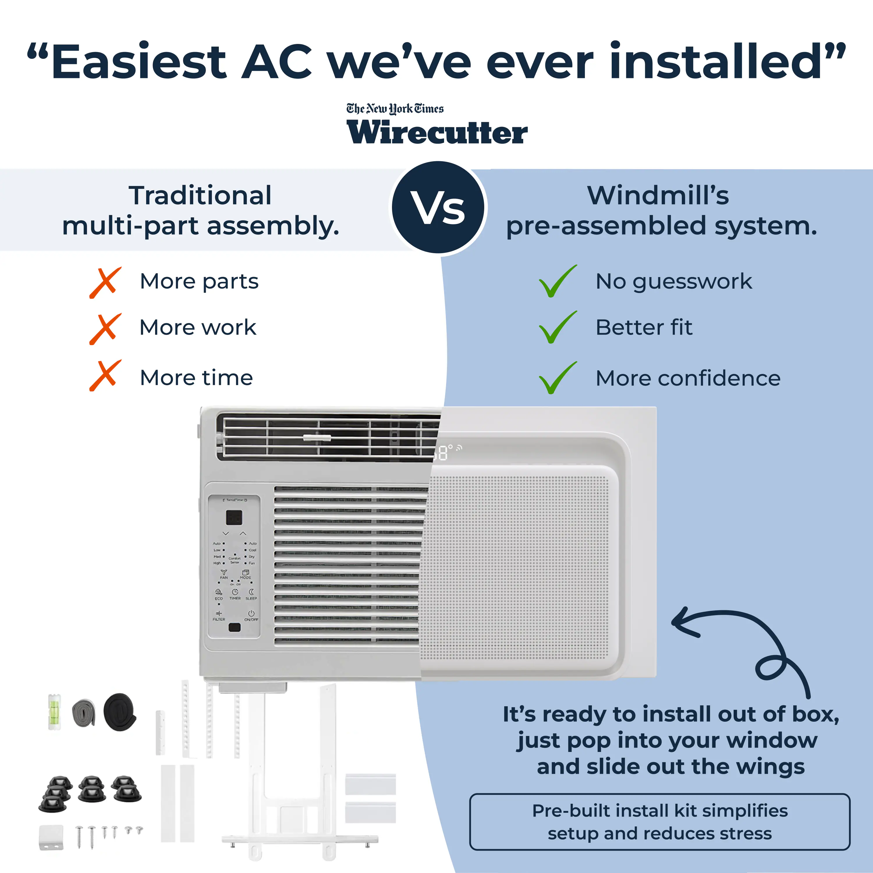 "Easiest AC we've ever installed"  
The New York Times Wirecutter  

Traditional multi-part assembly.  
X More parts  
X More work  
X More time  

Windmill's pre-assembled system.  
✓ No guesswork  
✓ Better fit  
✓ More confidence  

It's ready to install out of box, just pop into your window and slide out the wings  
Pre-built install kit simplifies setup and reduces stress