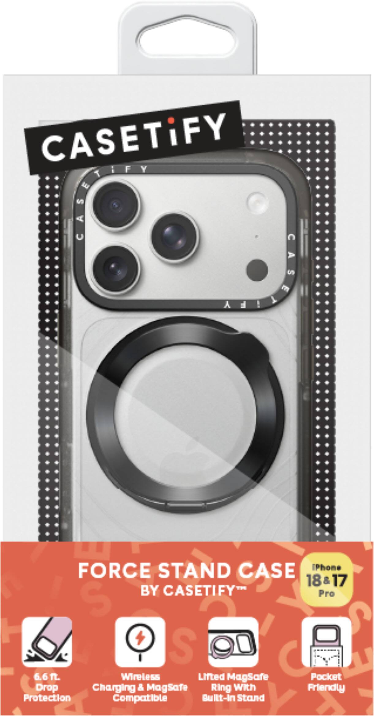 CASETiFY CLUBESGER  
FORCE STAND CASE iPhone 18 8 & 17 BY CASETiFY Pro  
6.6 ft. Wireless Lifted MagSafe Pocket Drop Charging & MagSafe Ring With Friendly Protection Compatible Quilt-In Stand