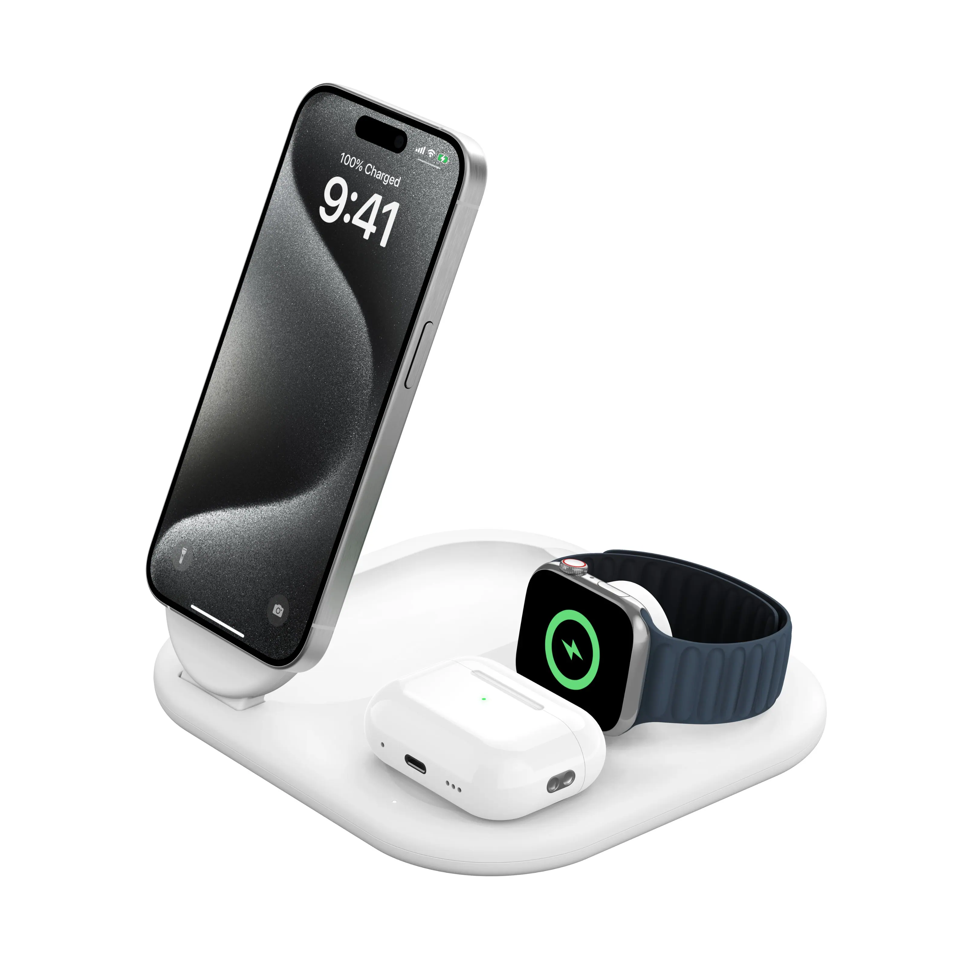 The image shows a cell phone sitting on a white stand, next to a watch and a charger. The cell phone is fully charged, as indicated by the 100% charge displayed on the screen. The time on the phone is 9:41.