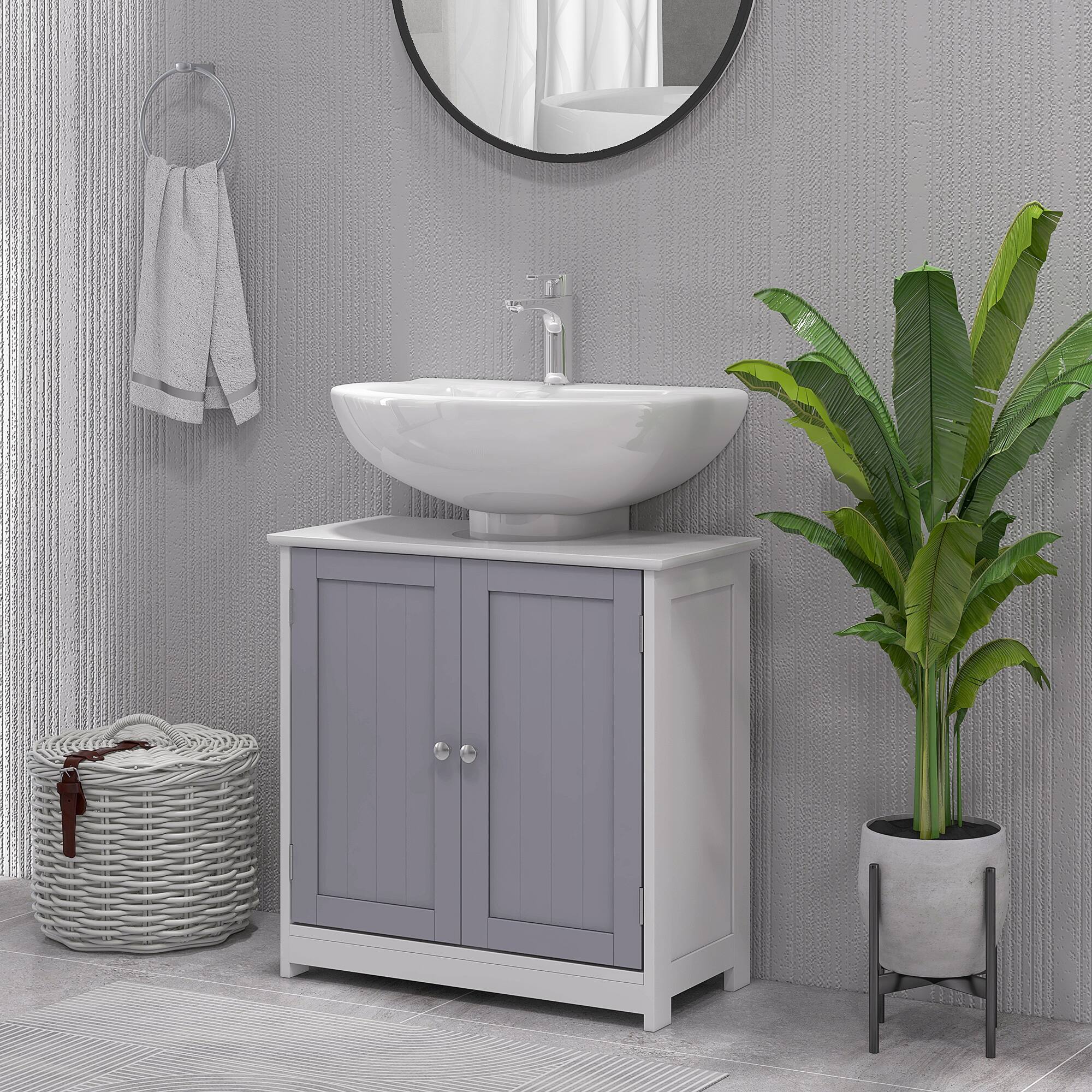 Alt View 1. Kleankin - Pedestal Sink Storage Cabinet, Vanity Base Cabinet, Under Sink Bathroom Cabinet with U-Shape Cut-Out - White and Gray.