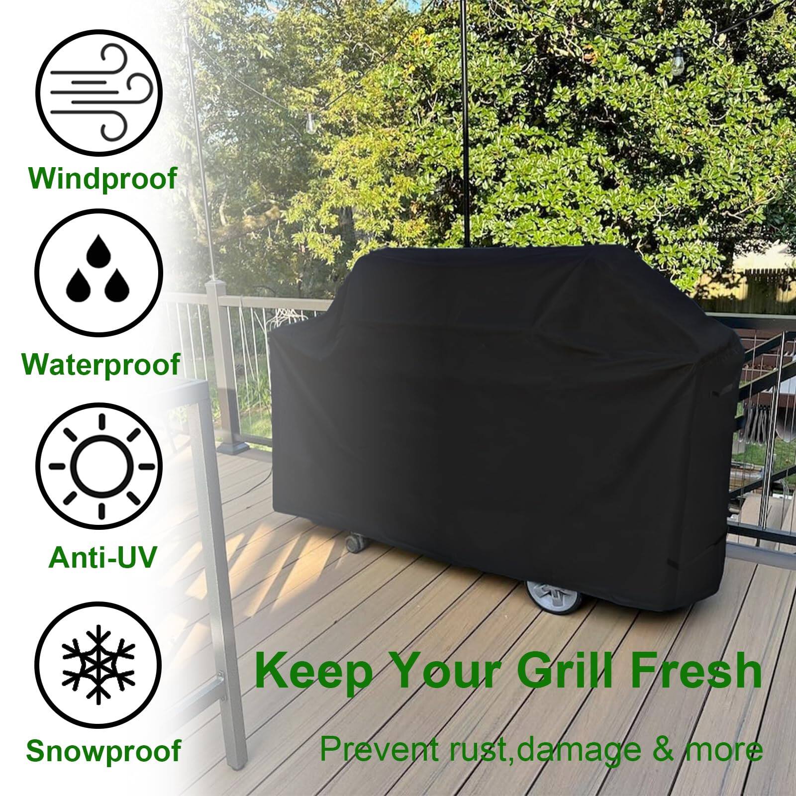 - Windproof
- Waterproof
- Anti-UV
- Snowproof

Keep Your Grill Fresh

Prevent rust, damage & more