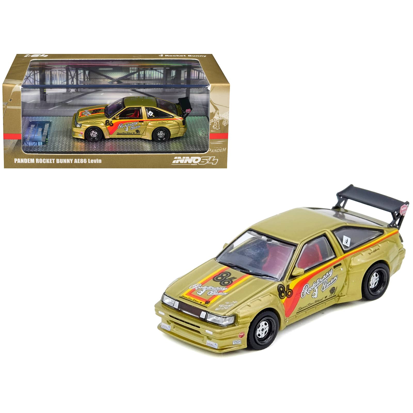 "Toyota Levin (AE86) RHD #86 ""Pandem Rocket Bunny"" Gold Metallic with Stripes 1/64 Diecast Model Car by Inno Models" price history on PriceWatchPro