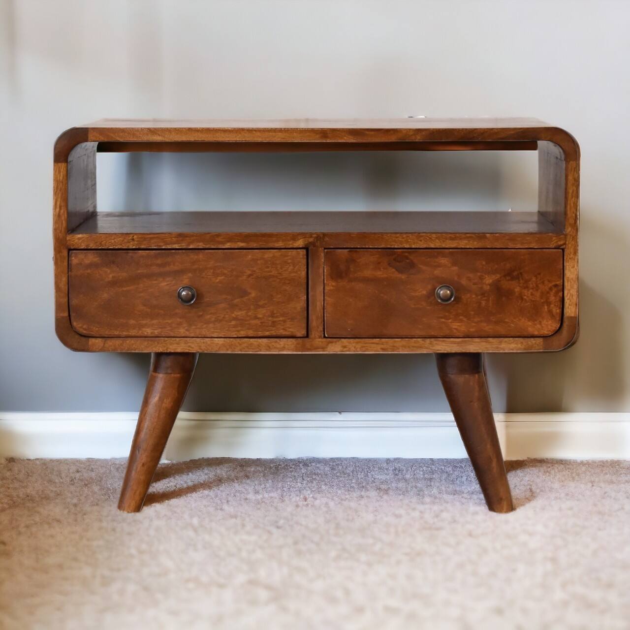 Angle. Artisan Furniture - Artisan Furniture Solid Wood Mini Chestnut Curved Media Unit with 2 Drawers, 1 Open Slot, Dark Brown - Brown.