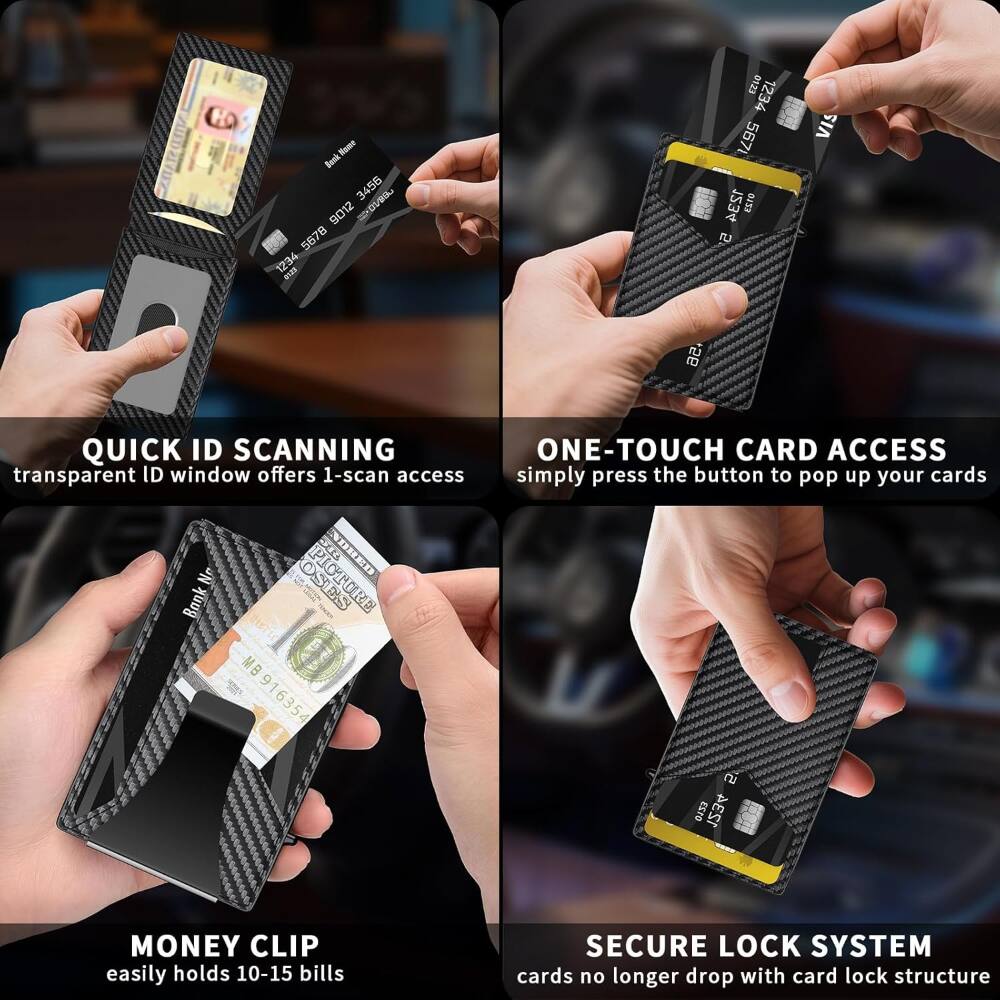 Mome Bunk 3456 9012 MXDVBIN 5678 1234 RE 1234 5671 1234 0123 VIS .56

QUICK ID SCANNING  
transparent ID window offers 1-scan access

ONE-TOUCH CARD ACCESS  
simply press the button to pop up your cards

MONEY CLIP  
easily holds 10-15 bills

SECURE LOCK SYSTEM  
cards no longer drop with card lock structure