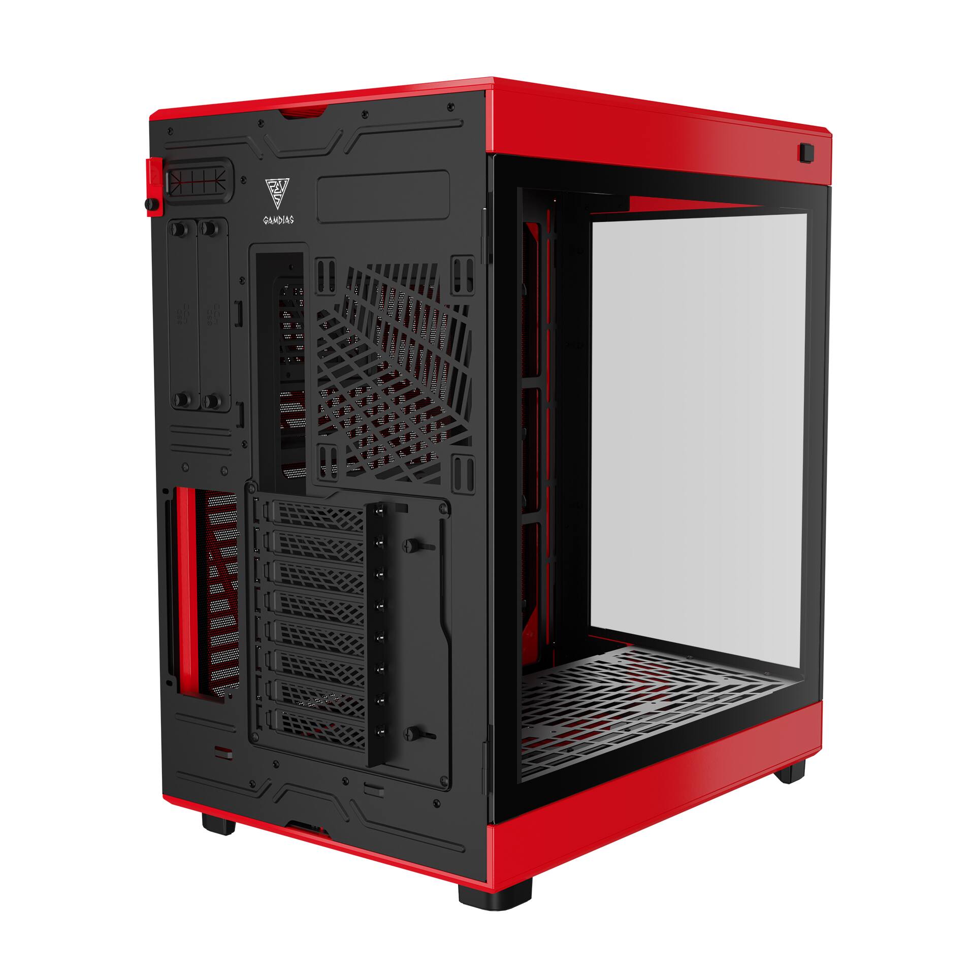 Back. GAMDIAS - NESO P1 BR Dual Chamber trapezoidal form factor, horizontal or vertical orientation, Fits GPU 426mm. - Red, black interior.