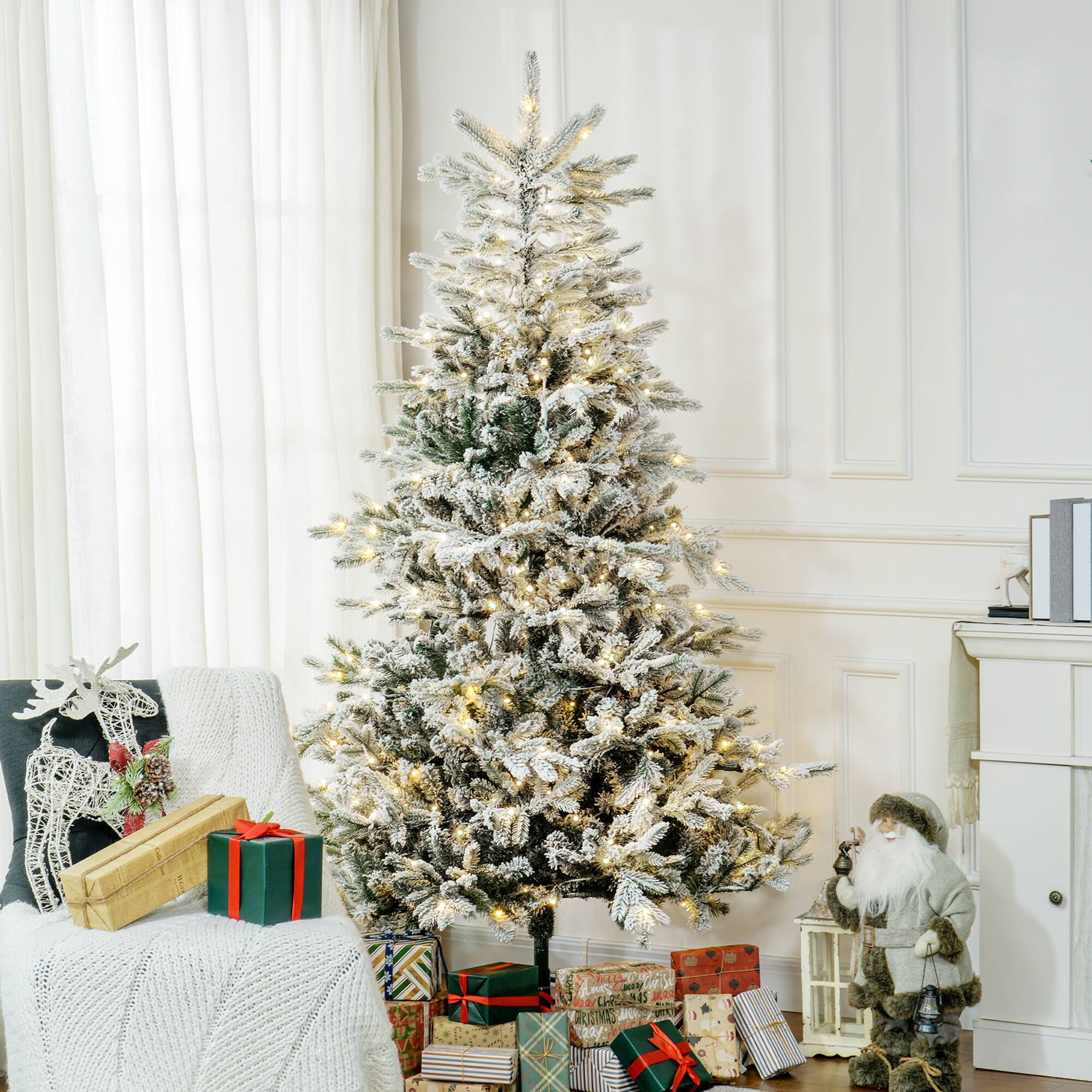 Alt View 1. Homcom - Prelit Snow Flocked Artificial Christmas Tree, Warm White LEDs, 1650 Tips, Metal Base, Hinged Realistic - green.