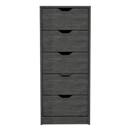 Front. TuHome - Basilea 5 Drawers Tall Dresser, Pull Out System - Smokey Oak.