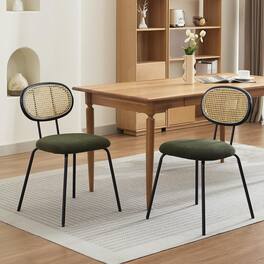 Acekool - Rattan Dining Chairs Set of 2, Mid Century Dining Room Chairs with Metal Legs, Modern Velvet Upholstered - Green