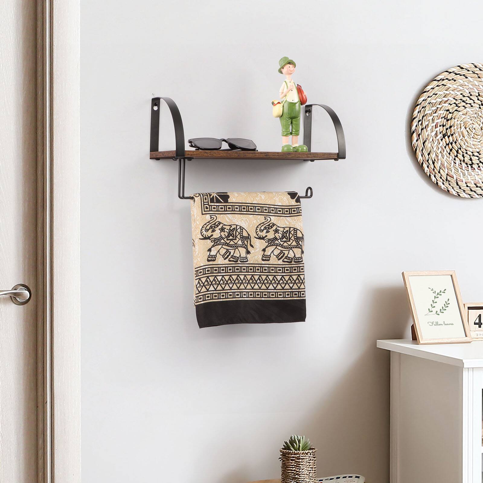 Alt View 2. Oumilen - Wall Mount Floating Shelf with Paper Towel Holder, Rustic Wood Black Metal Bathroom Kitchen Storage Rack - Brown.