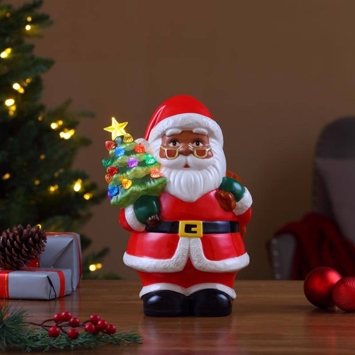 Angle. Mr. Christmas - Mr. Christmas LED Ceramic African American Santa Claus with Tree Table Decor 9.25 in. - Multicolored.