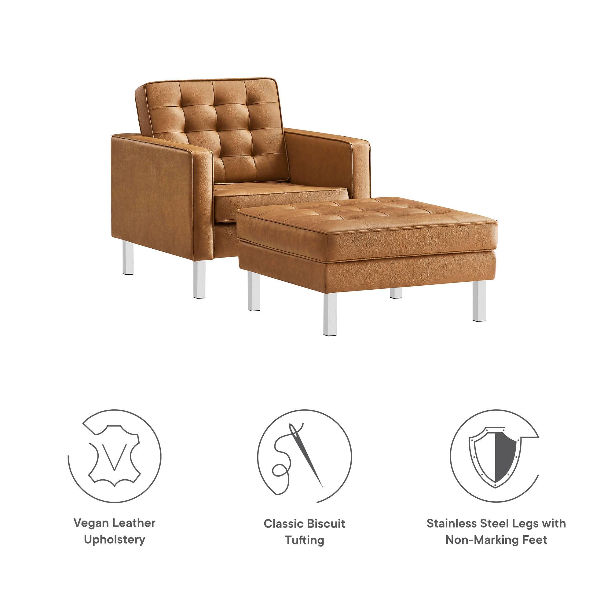 Vegan Leather Upholstery  
Classic Biscuit Tufting  
Stainless Steel Legs with Non-Marking Feet