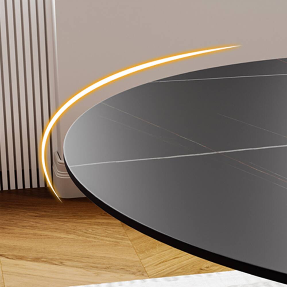 Alt View 6. POVISON - 47" Modern Round Black Dining Table for 4,Matte Sintered Stone Tabletop, Black Carbon Steel Base - Matte Black Sintered Stone & Black Steel Base.