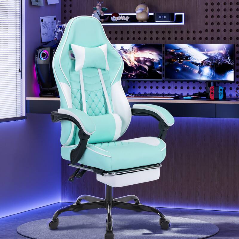 Front. Bestier - Ergonomic Reclining Gaming Chair, Thick Spring Cushion, Massage Lumbar & Retractable Footrest - Green.