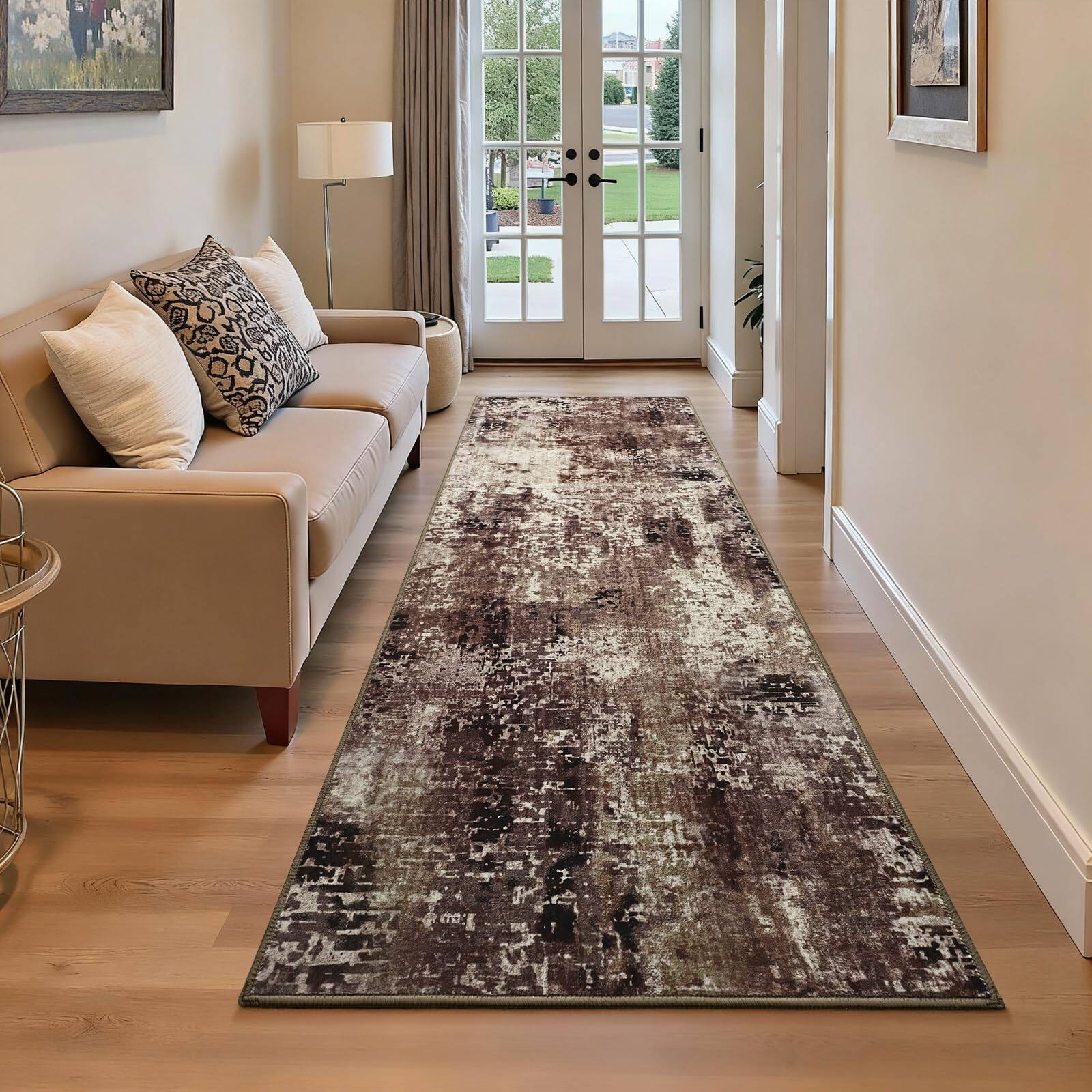 Front. Stylel Star - Non Slip Washable Soft Abstract Long Carpet Runner Rug Rubber Backing Hallways Kitchen Bedroom Bathroom Entryway Grey... - Brown.