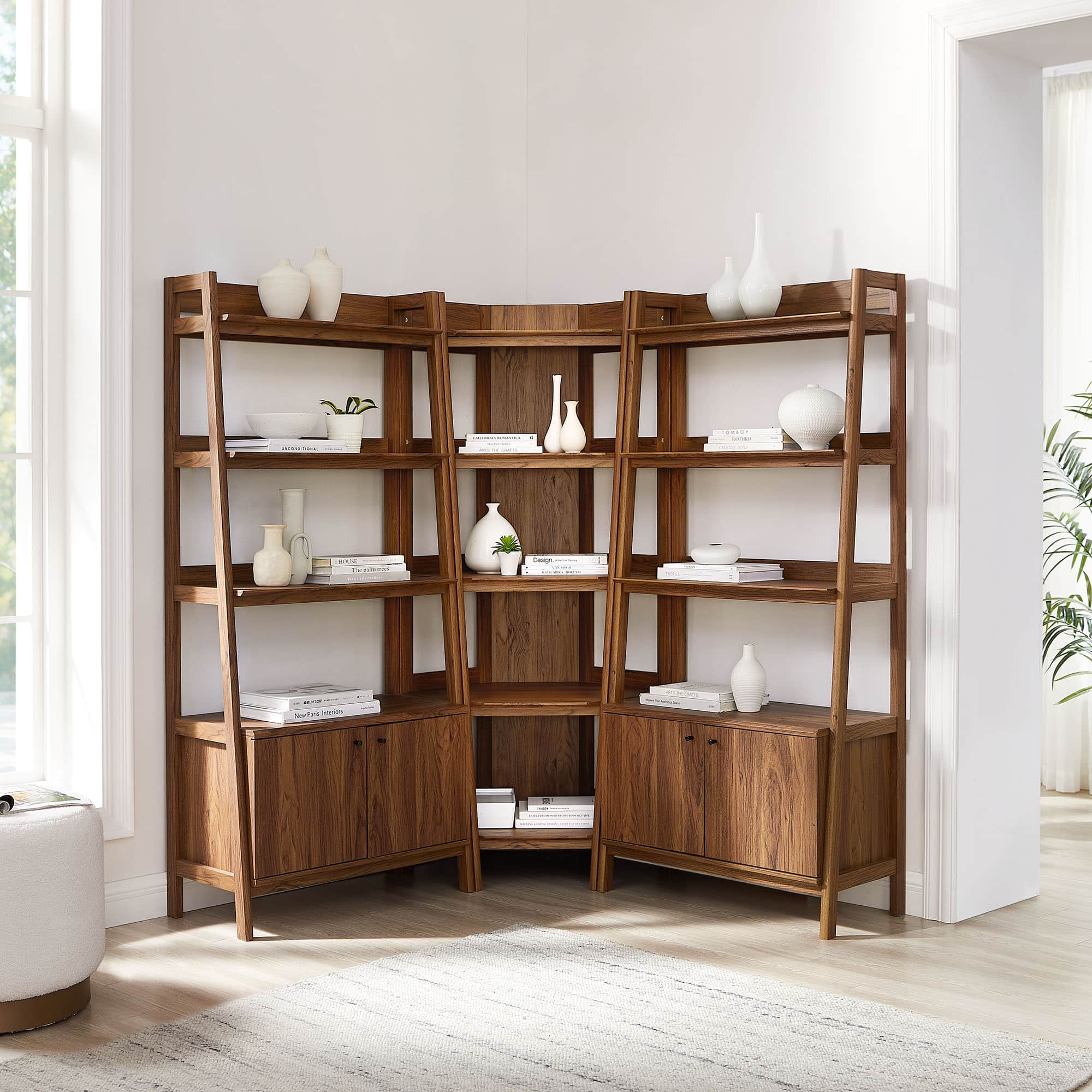 Bixby 3-Piece Corner Bookshelf Set with Wide Bookshelves by Modway - Walnut