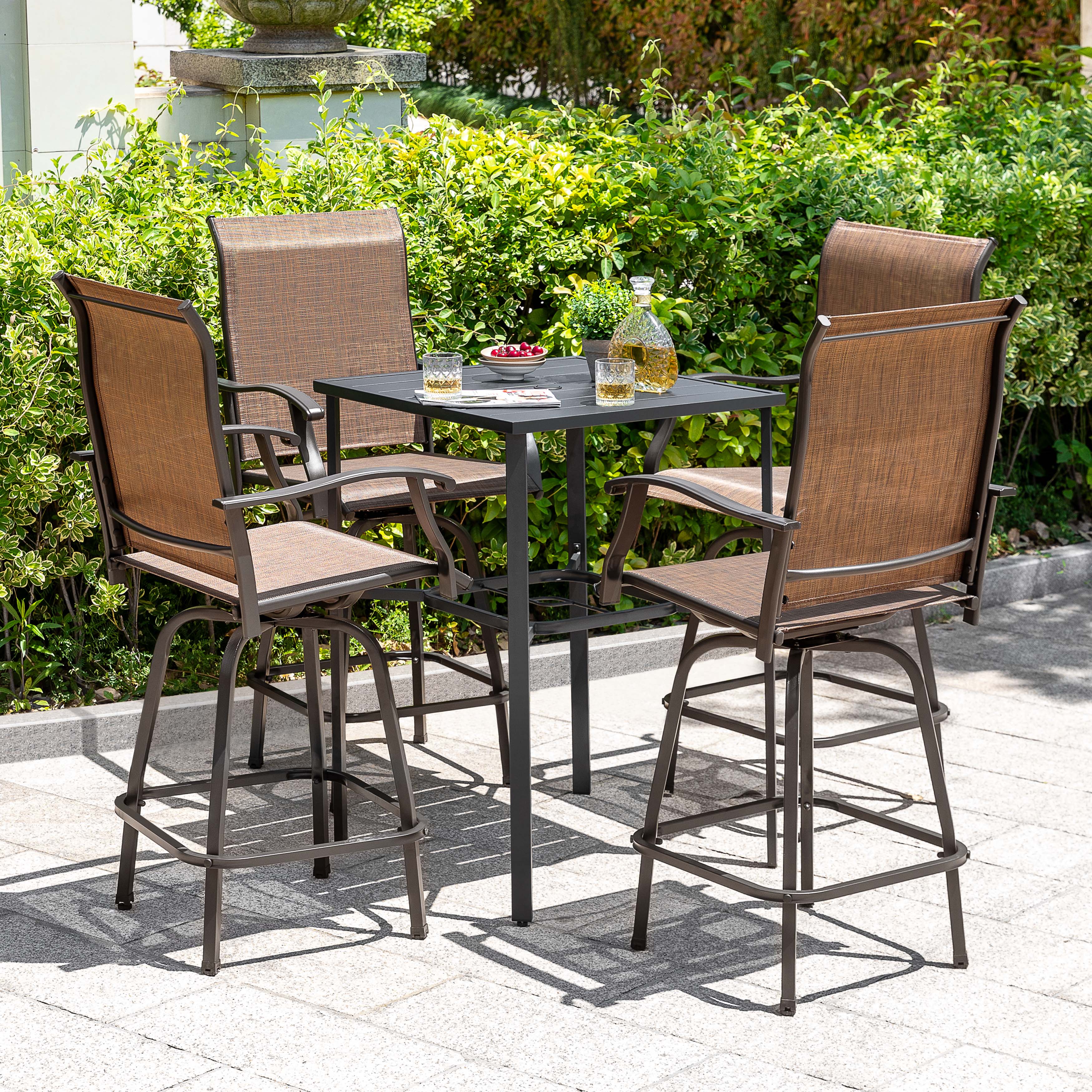 Left. Nuu Garden - Outdoor 5-Piece Textilene Bar Set, Swivel Bar Stools and Umbrella Hole - Black and Brown.