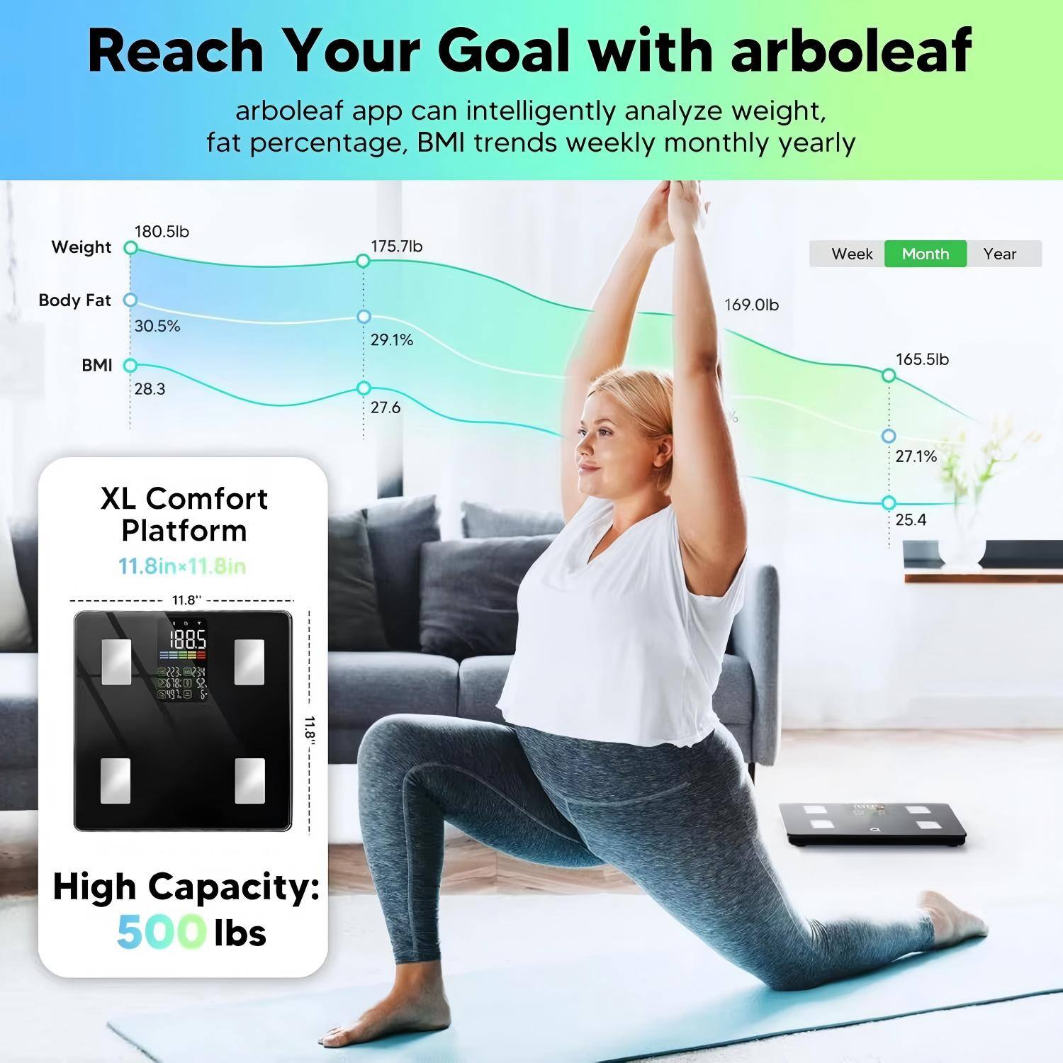 Reach Your Goal with arboleaf

arboleaf app can intelligently analyze weight, fat percentage, BMI trends weekly, monthly, yearly

- Weight: 180.5lb → 175.7lb → 169.0lb → 165.5lb
- Body Fat: 30.5% → 29.1% → 27.1%
- BMI: 28.3 → 27.6 → 25.4

XL Comfort Platform
11.8in x 11.8in

High Capacity: 500 lbs