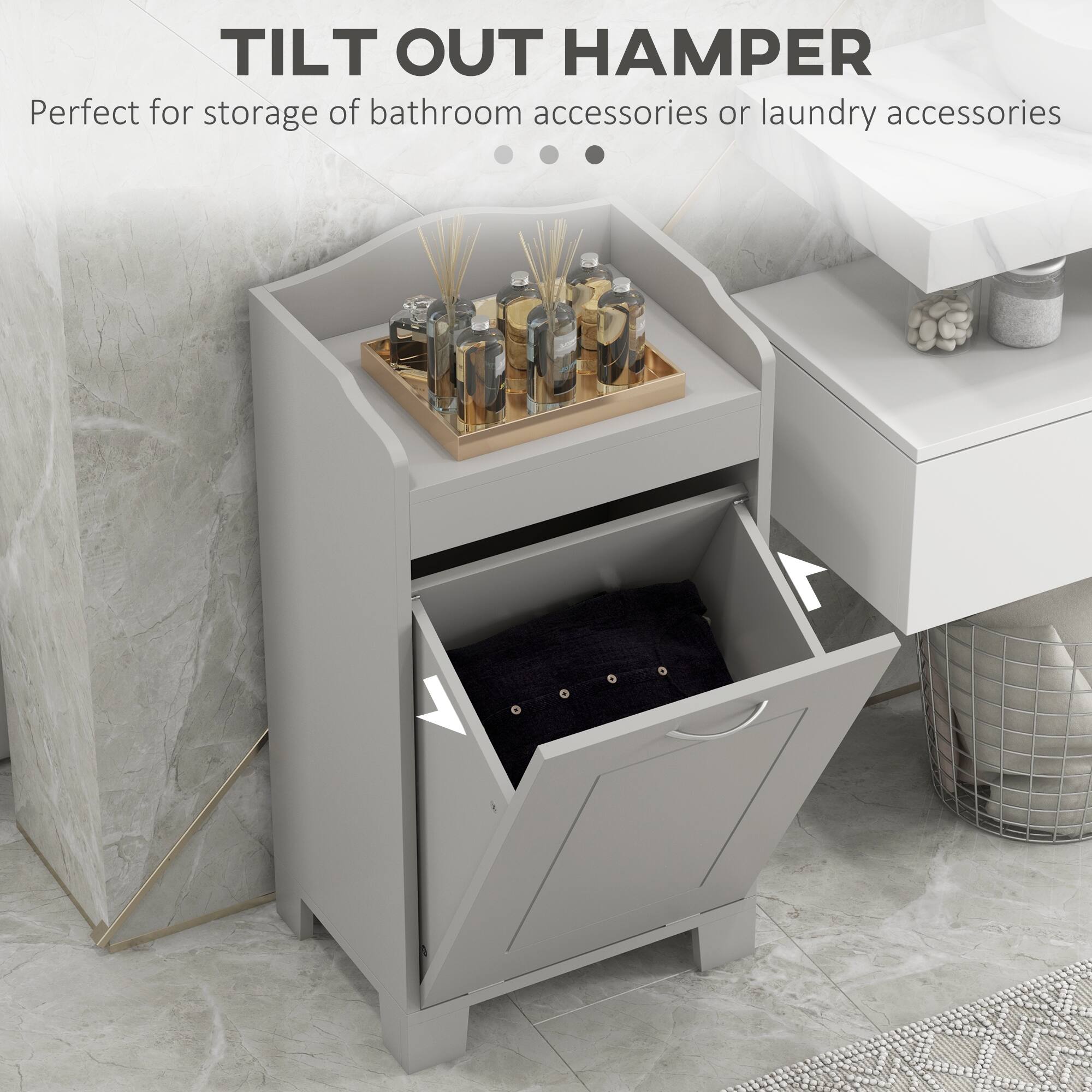 TILT OUT HAMPER
Perfect for storage of bathroom accessories or laundry accessories