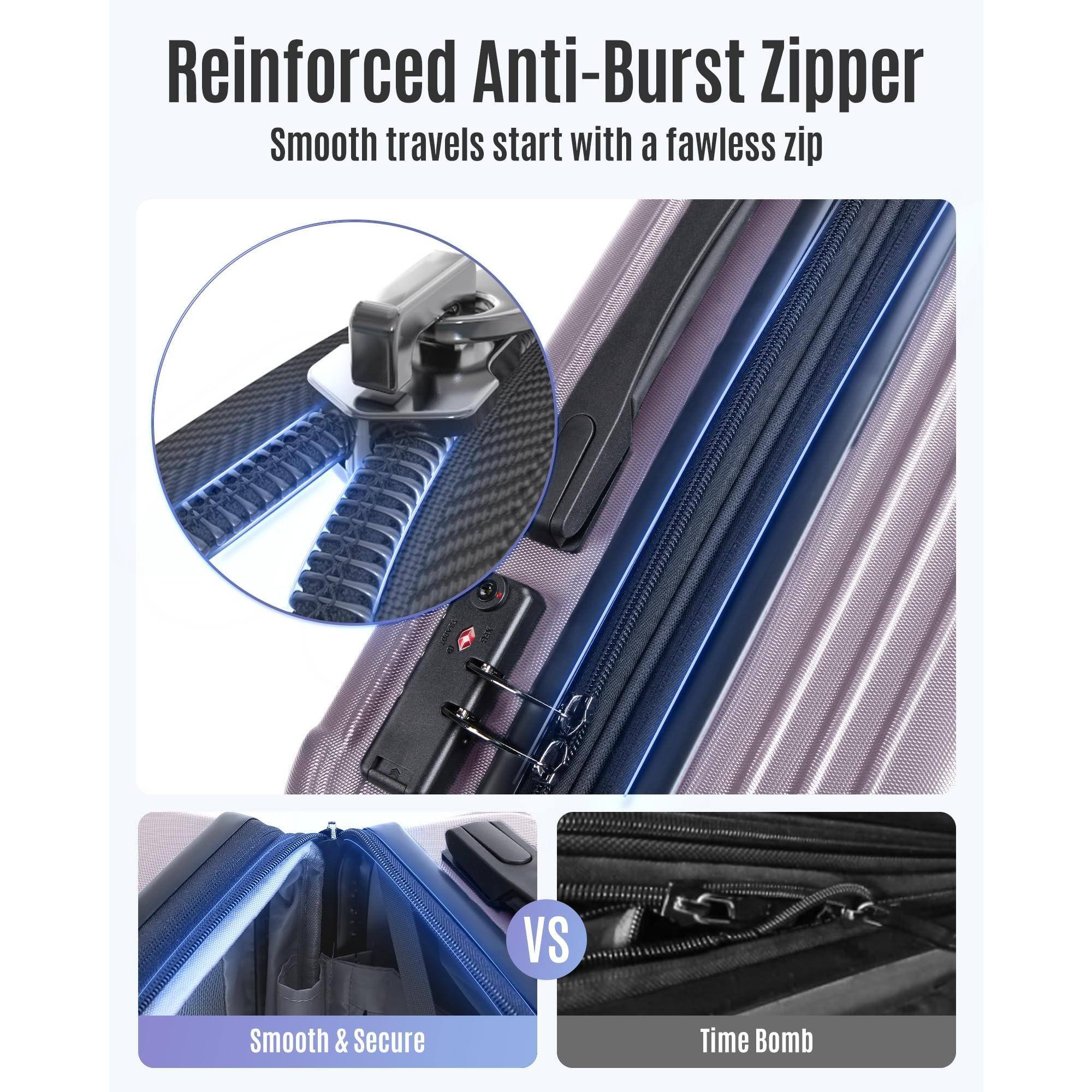 Reinforced Anti-Burst Zipper  
Smooth travels start with a flawless zip  

Smooth & Secure  
VS  
Time Bomb
