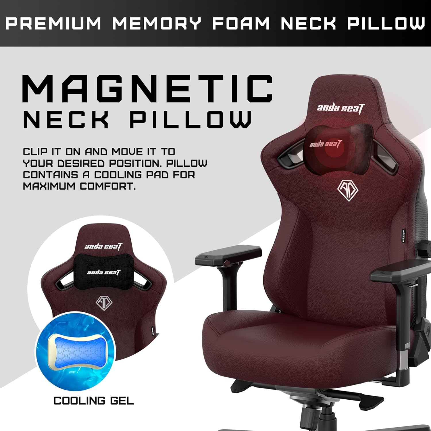 PREMIUM MEMORY FOAM NECK PILLOW

MAGNETIC NECK PILLOW

CLIP IT ON AND MOVE IT TO YOUR DESIRED POSITION. PILLOW CONTAINS A COOLING PAD FOR MAXIMUM COMFORT.

COOLING GEL