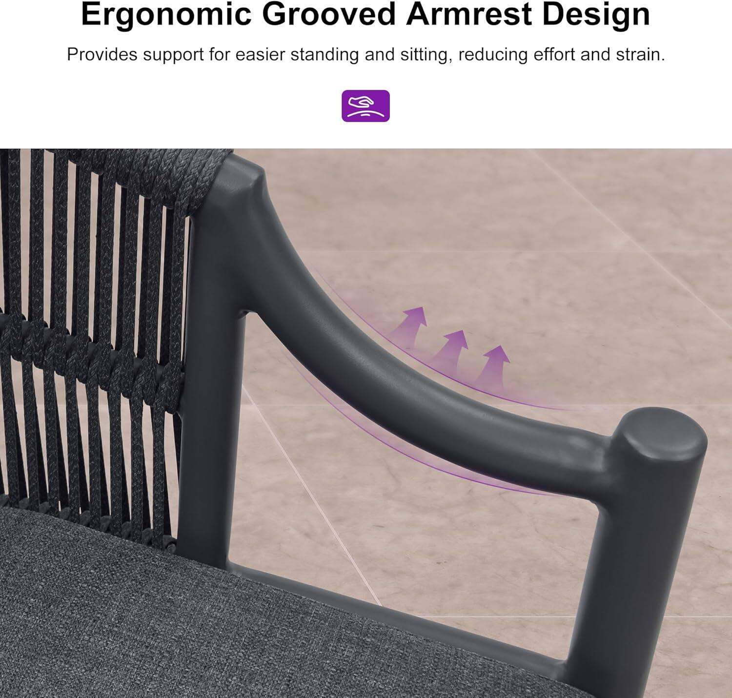 Ergonomic Grooved Armrest Design  
Provides support for easier standing and sitting, reducing effort and strain.