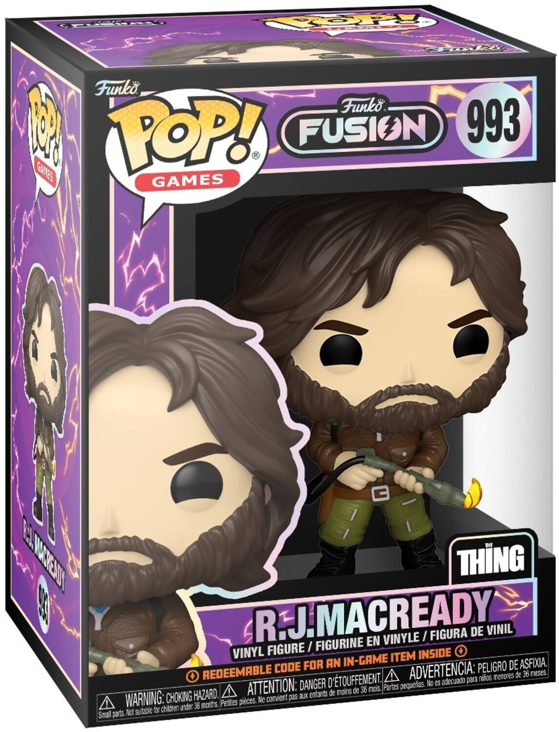 Funko Pop! Games Fusion 993 1 Games E Creatie Thing R.J. Macready En Vinyle I Figura De Vinil Figure I Figurine Vinyl Item Inside For An In-Game Peligro De Asfixia. Redeemable Code Advertencia: 36 meses niños menores de Attention: Danger D'etouffement. Partes pequeas. No es adecuado para 1 de moins de 36 mois Choking Hazard. Small parts. Not suitable for children Petites pieces. Ne convient pas aux enfants moins de 36 mois.