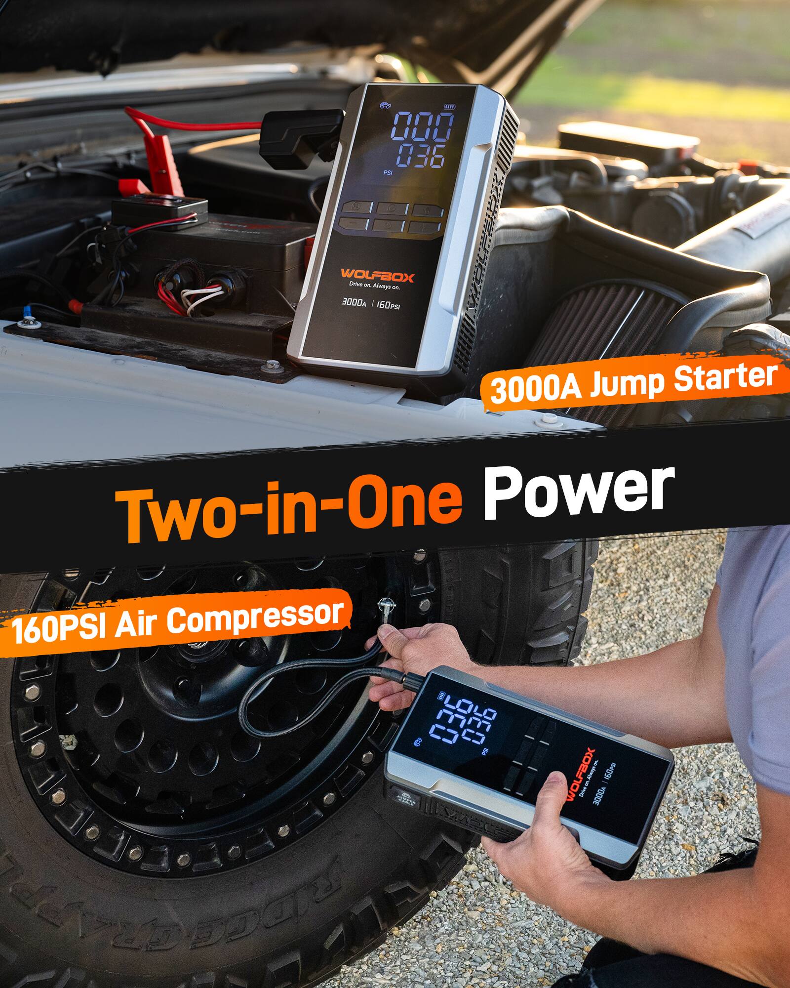 SN .. 000 036 PO T WOLFBOX : -u - Almeyo an ADODE 160P I d 3000A Jump Starter Two-in-One Power 160PSI Air Compressor I 980 980 e WOLFBOX i Ap 160 - I B000A C I

---

**Two-in-One Power**

- 3000A Jump Starter
- 160PSI Air Compressor