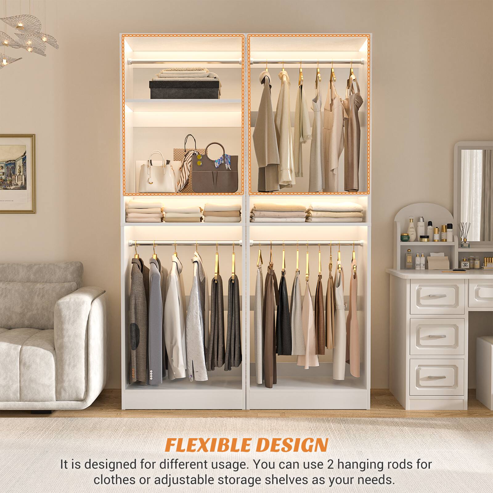 A FLEXIBLE DESIGN  
It is designed for different usage. You can use 2 hanging rods for clothes or adjustable storage shelves as your needs.