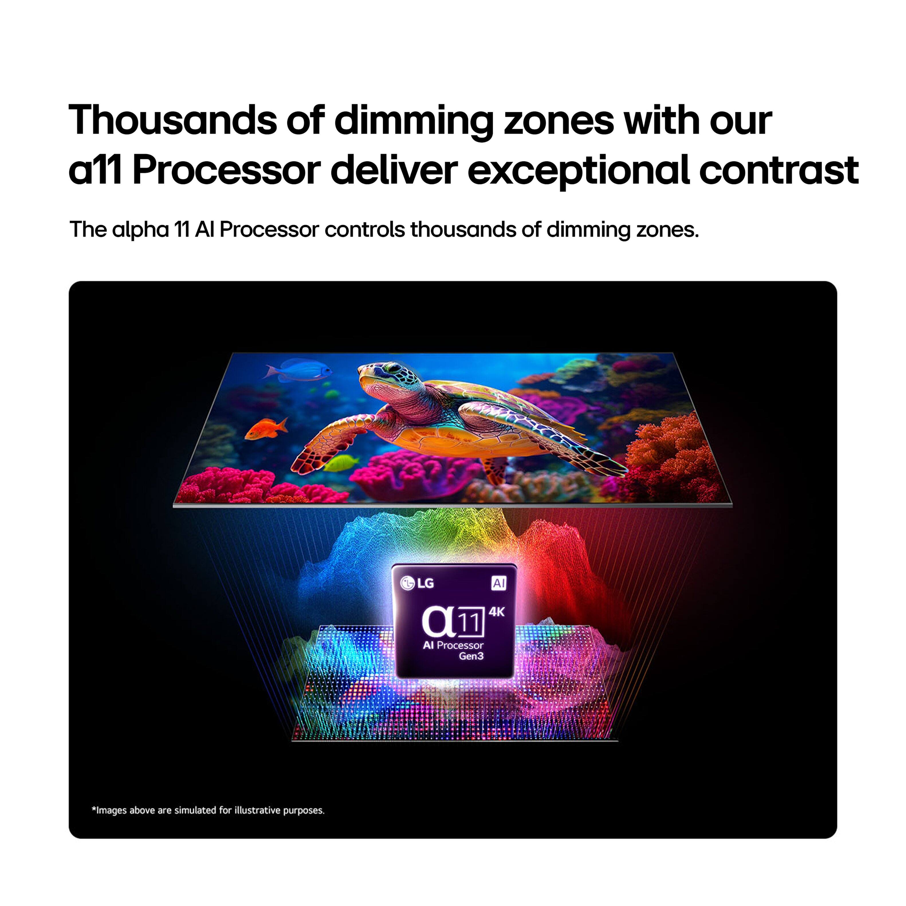 Thousands of dimming zones with our a11 Processor deliver exceptional contrast. The alpha 11 AI Processor controls thousands of dimming zones. 1 LG AI 4K a11 AI Processor Gen3 *Images above are simulated for illustrative purposes.