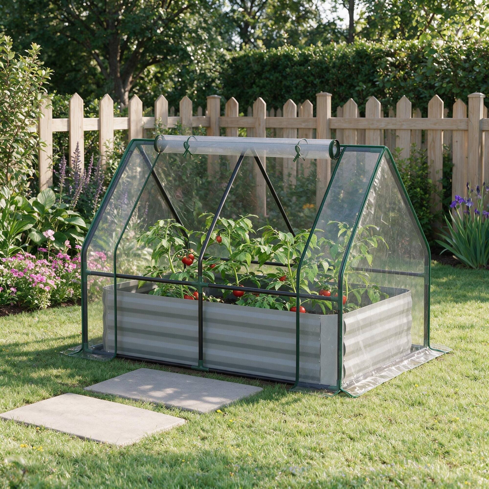 Angle. RYHNUYNE - Outsunny 4' x 3' Galvanized Raised Garden Bed with PVC Greenhouse Cover, 2 Roll-Up Windows for Vegetables - Clear.