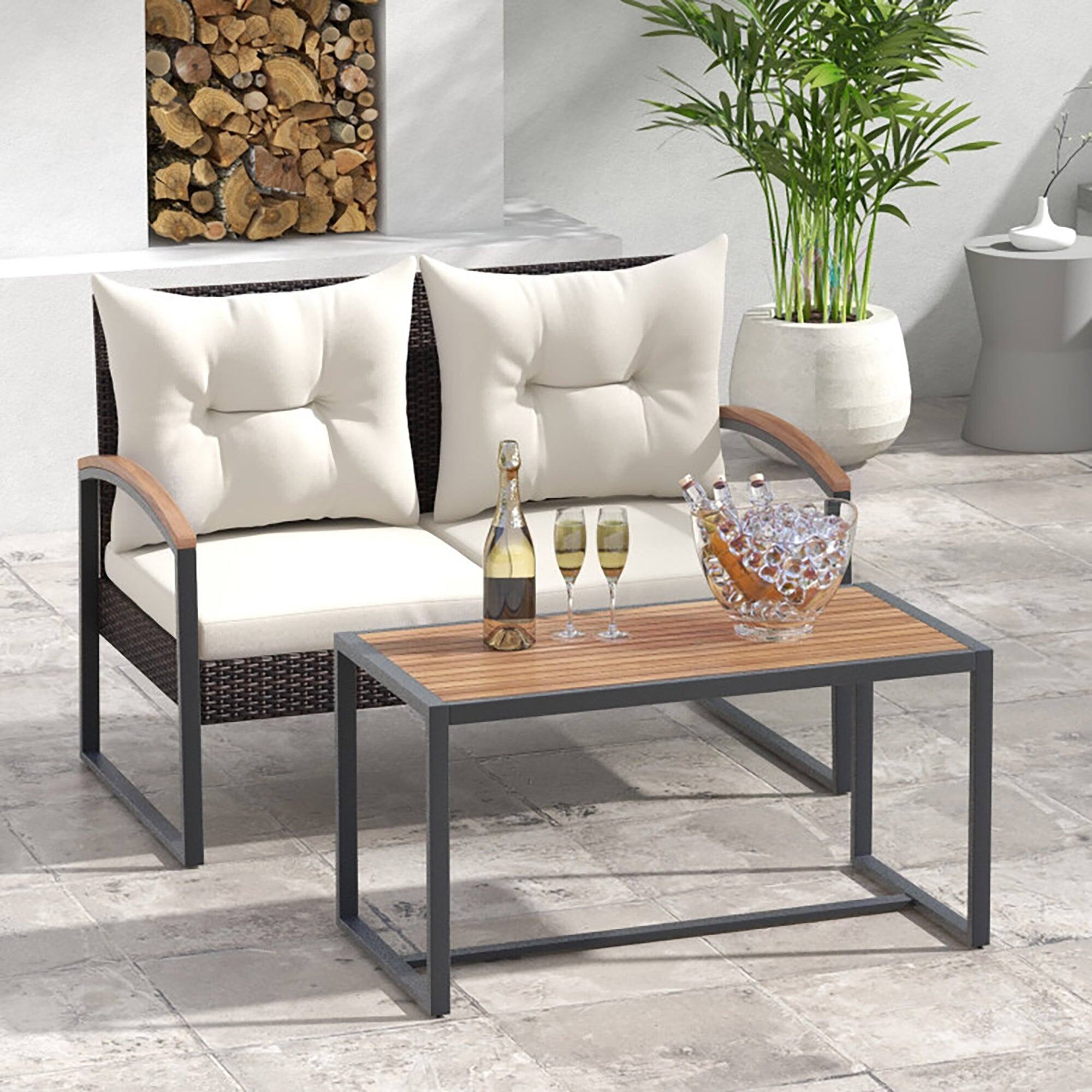 Alt View 1. Boyel Living - 2 Pieces Patio PE Wicker Furniture Set with Acacia Wood Coffee Table - White.