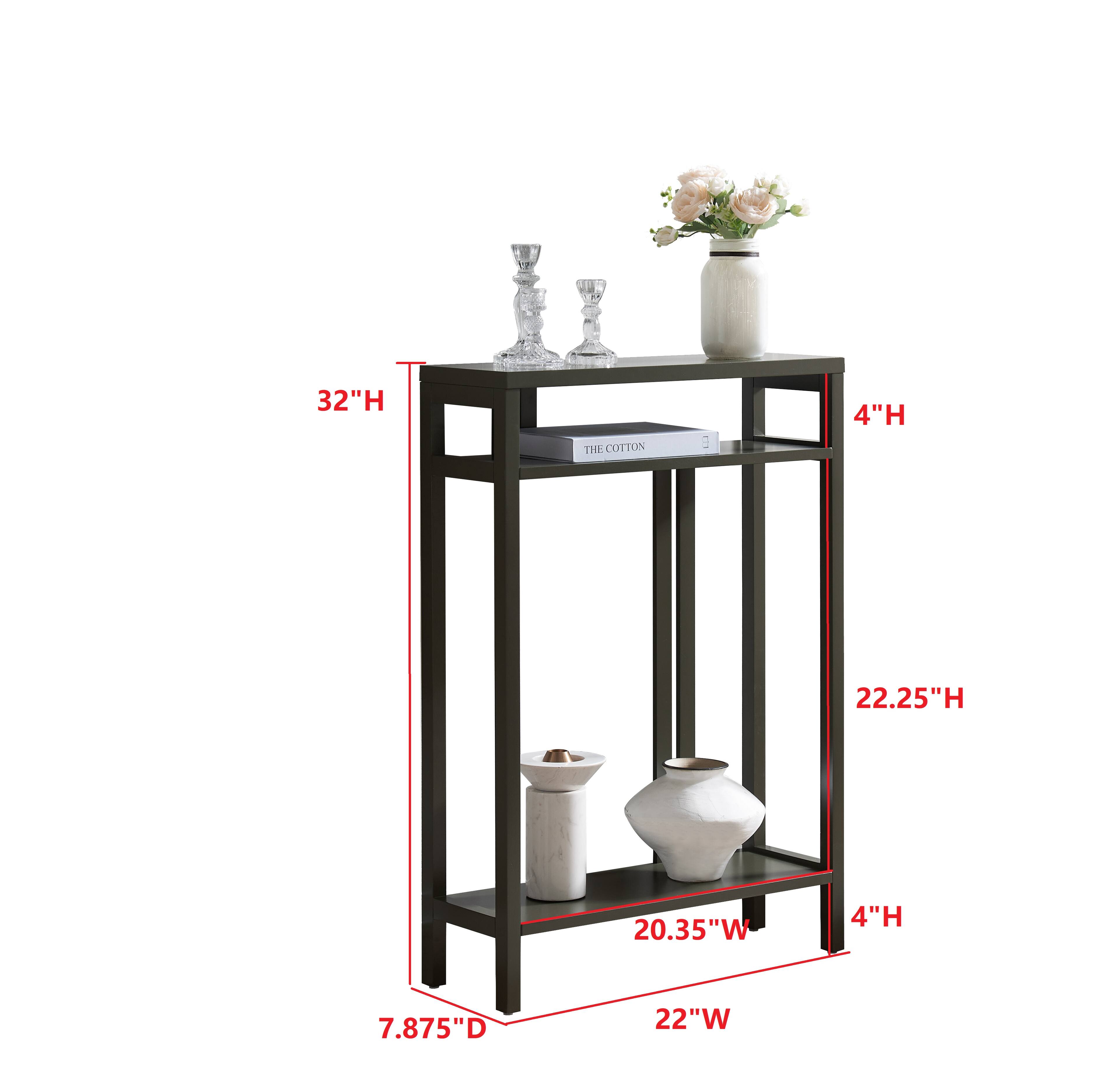 - Height: 32"
- Top Shelf Height: 4"
- Middle Shelf Height: 22.25"
- Bottom Shelf Height: 4"
- Width: 22"
- Depth: 7.875"
- Top Shelf Width: 20.35"