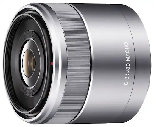 Front. Sony - 30mm f/3.5 Macro Lens for Most NEX Compact System Cameras - Silver.