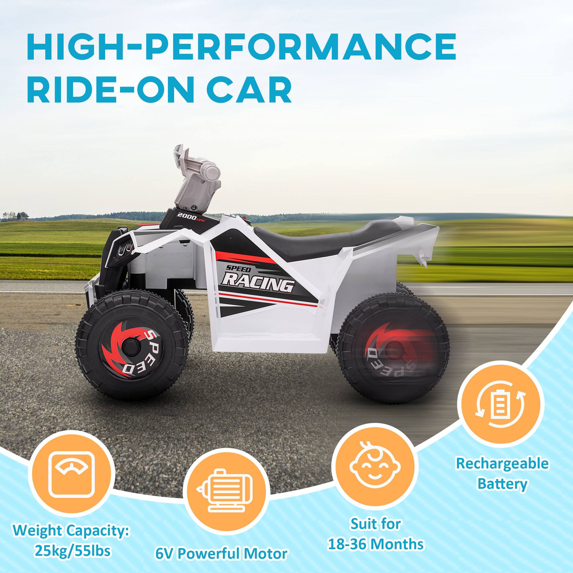 HIGH-PERFORMANCE RIDE-ON CAR

- Weight Capacity: 25kg/55lbs
- 6V Powerful Motor
- Rechargeable Battery
- Suit for 18-36 Months