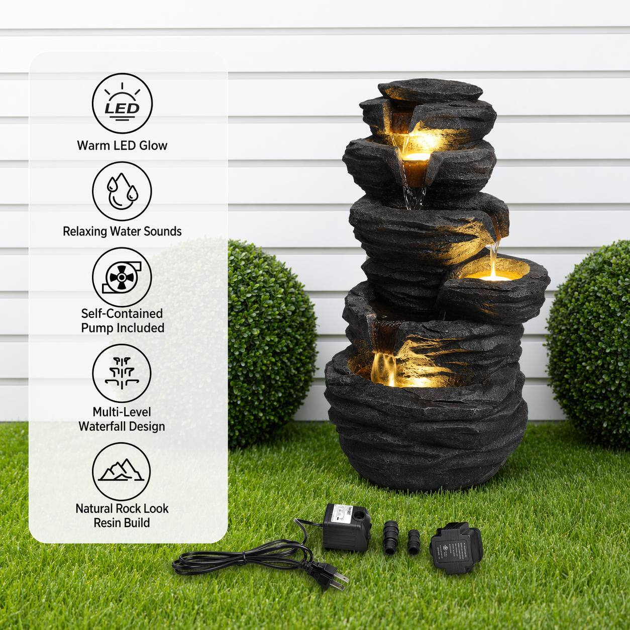 LED Warm LED Glow Relaxing Water Sounds Self-Contained Pump Included Multi-Level Waterfall Design Natural Rock Look Resin Build