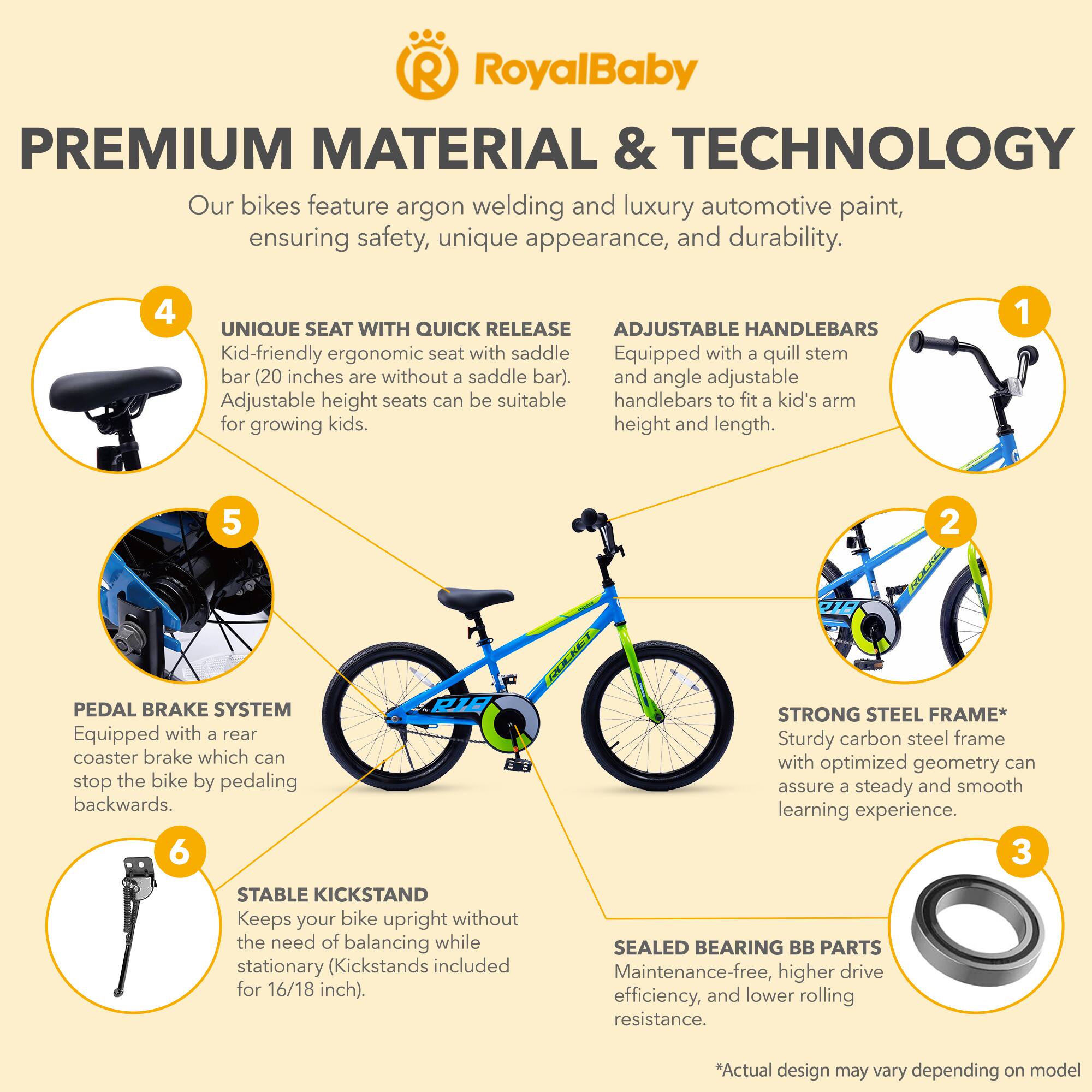 RoyalBaby PREMIUM MATERIAL & TECHNOLOGY

Our bikes feature argon welding and luxury automotive paint, ensuring safety, unique appearance, and durability.

1. ADJUSTABLE HANDLEBARS
   - Equipped with a quill stem and angle adjustable handlebars to fit a kid's arm height and length.

2. UNIQUE SEAT WITH QUICK RELEASE
   - Kid-friendly ergonomic seat with saddle bar (20 inches are without a saddle bar).
   - Adjustable height seats can be suitable for growing kids.

3. STRONG STEEL FRAME*
   - Sturdy carbon steel frame with optimized geometry can assure a steady and smooth learning experience.

4. PEDAL BRAKE SYSTEM
   - Equipped with a rear coaster brake which can stop the bike by pedaling backwards.

5. STABLE KICKSTAND
   - Keeps your bike upright without the need of balancing while stationary (Kickstands included for 16/18 inch).

6. SEALED BEARING BB PARTS
   - Maintenance-free, higher drive efficiency, and lower rolling resistance.

*Actual design may vary depending on model